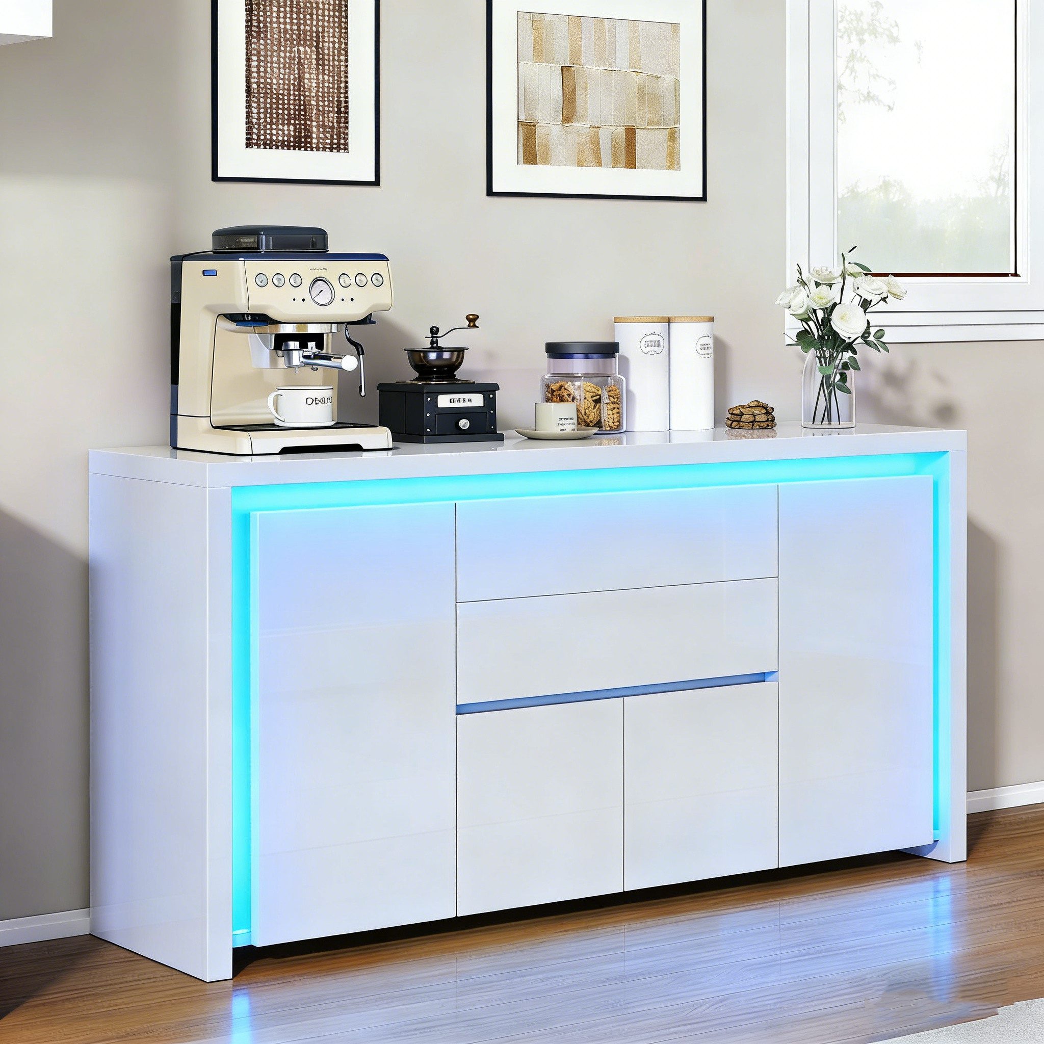 PXloue Kommode Hochglanz Sideboard (LED-Ambientebeleuchtung) Breite 160 cm, Beistellschrank mit 4 Fächern und 2 Schubladen( Push-to-open-Funktion)