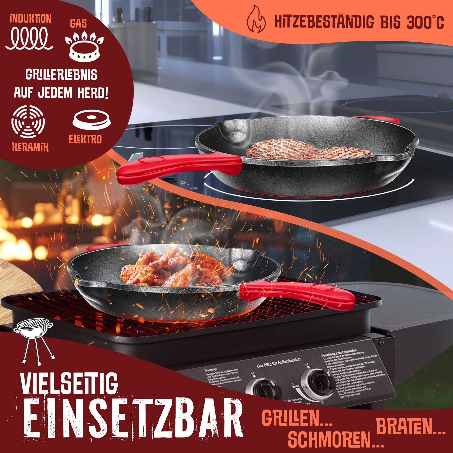 KESSER Grillpfanne, Gusseisenpfanne voreingebrannt Bratpfanne Gusseisen Steak Pfanne