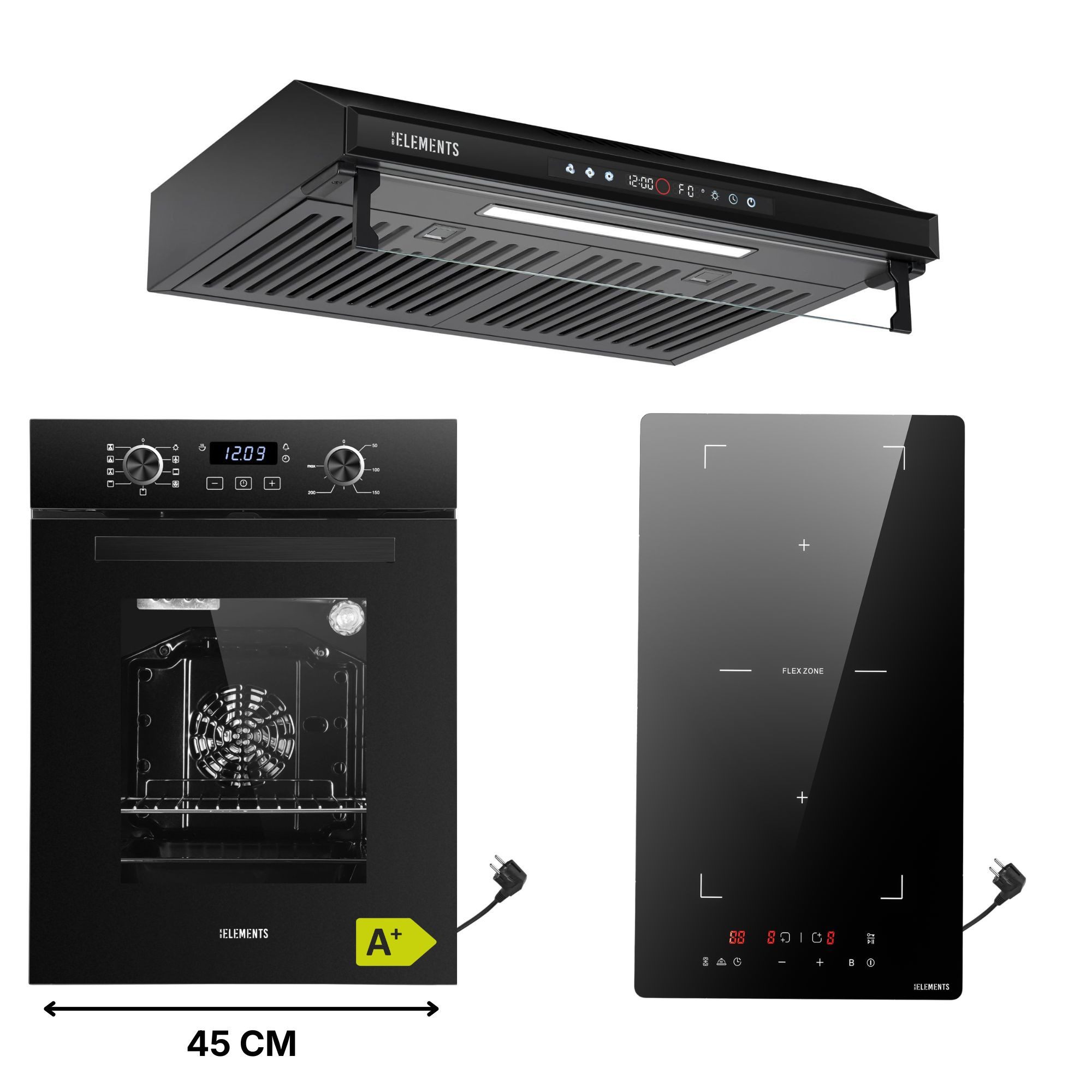 KB Elements Backofen-Set Einbaubackofen 45 cm breit mit 2-Zonen Induktionskochfeld 29cm, AQUA CLEAN, Schuko Stecker Anschuß, Flexzone, Warmhaltefunktion