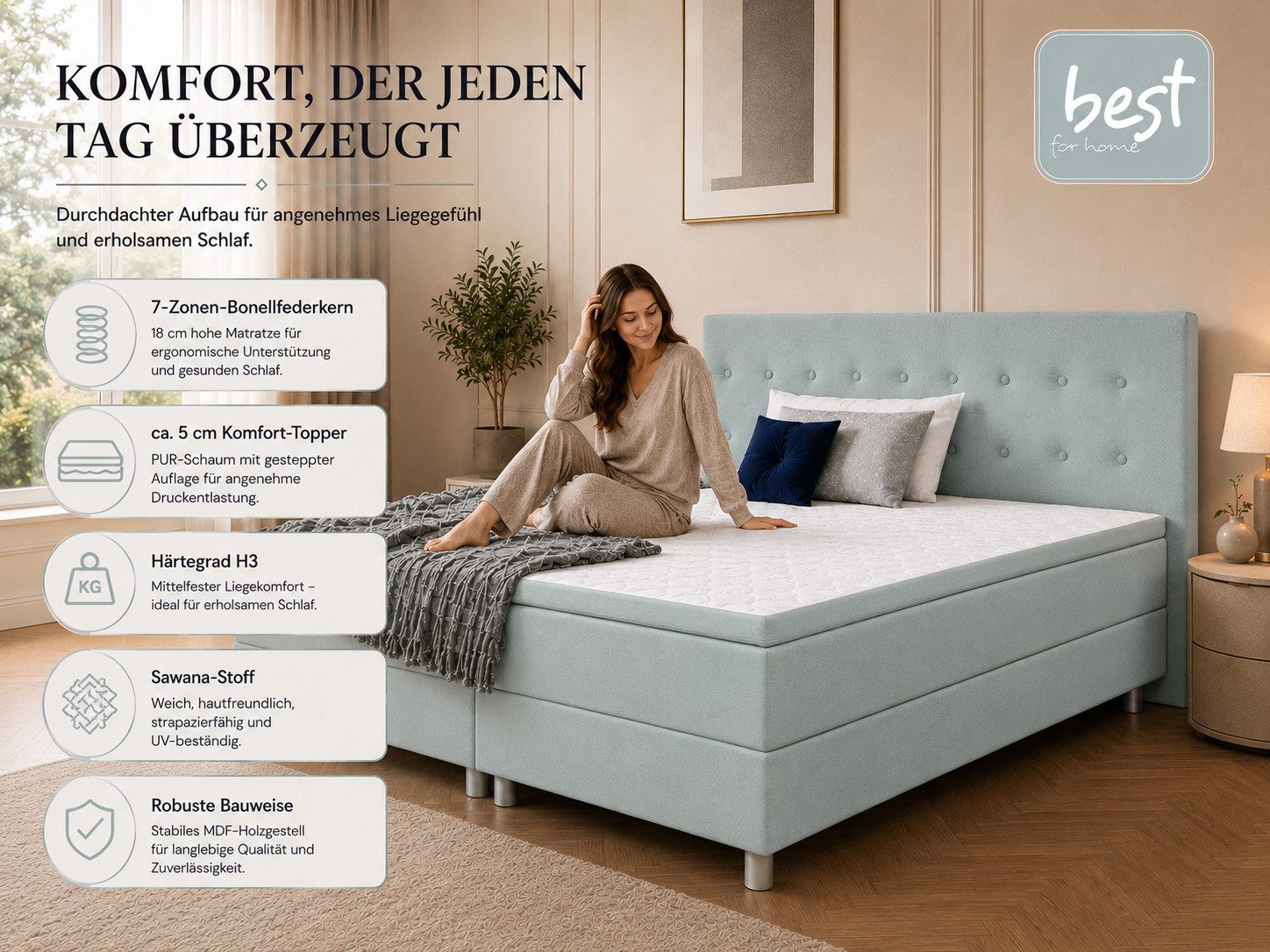 Best for Home Boxspringbett mit gepolstertem Kopfteil, komfortabler Bonnell-Matratze & 5 cm Topper (Boxspringbett-Set mit Matratze und Topper, 1-St., 90x200 120 – Bild 2 von 5