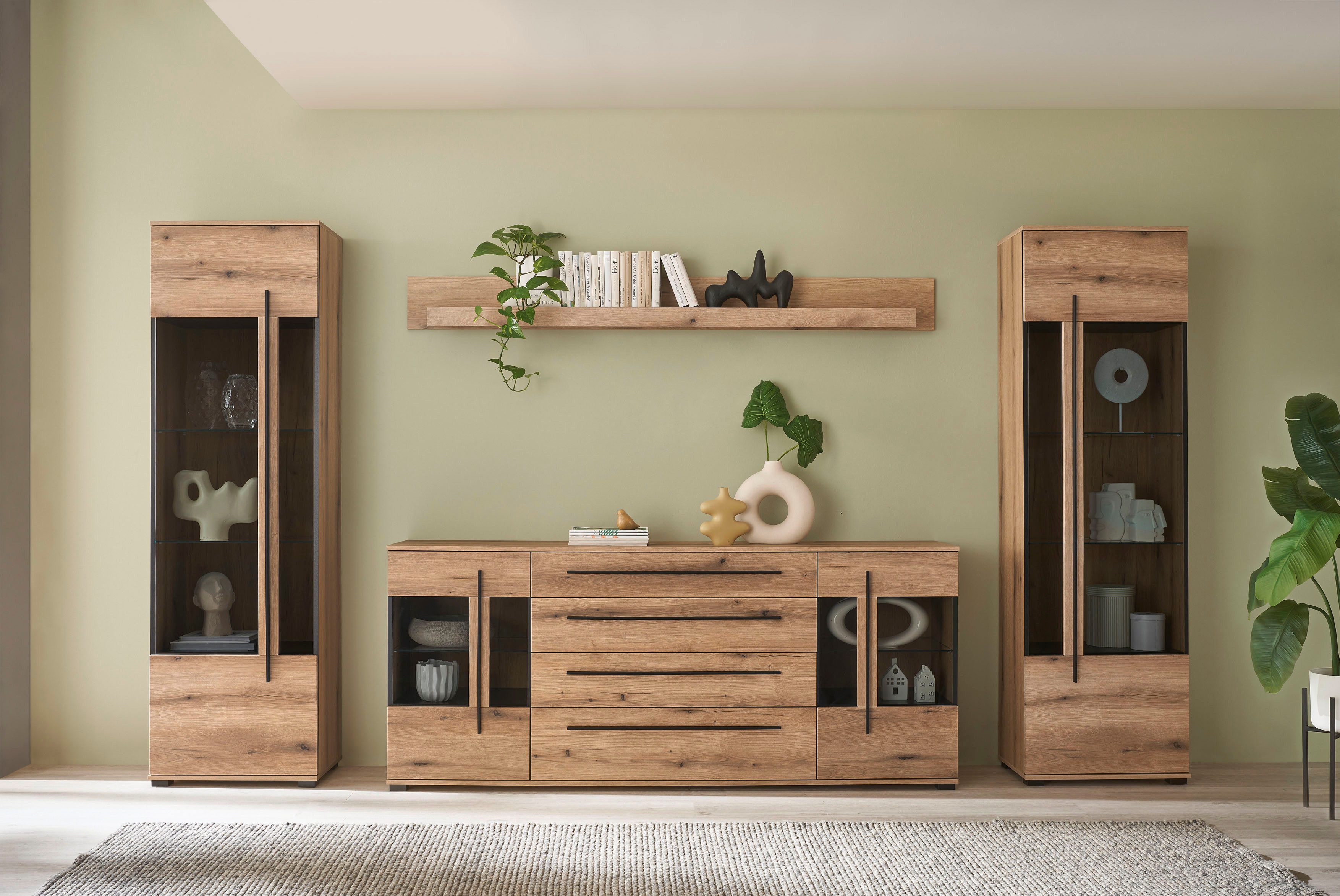 Wohnwand Cantara, Anbauwand, Wohnzimmer-Set, in Eiche Evoke, Weiß oder Kaschmir