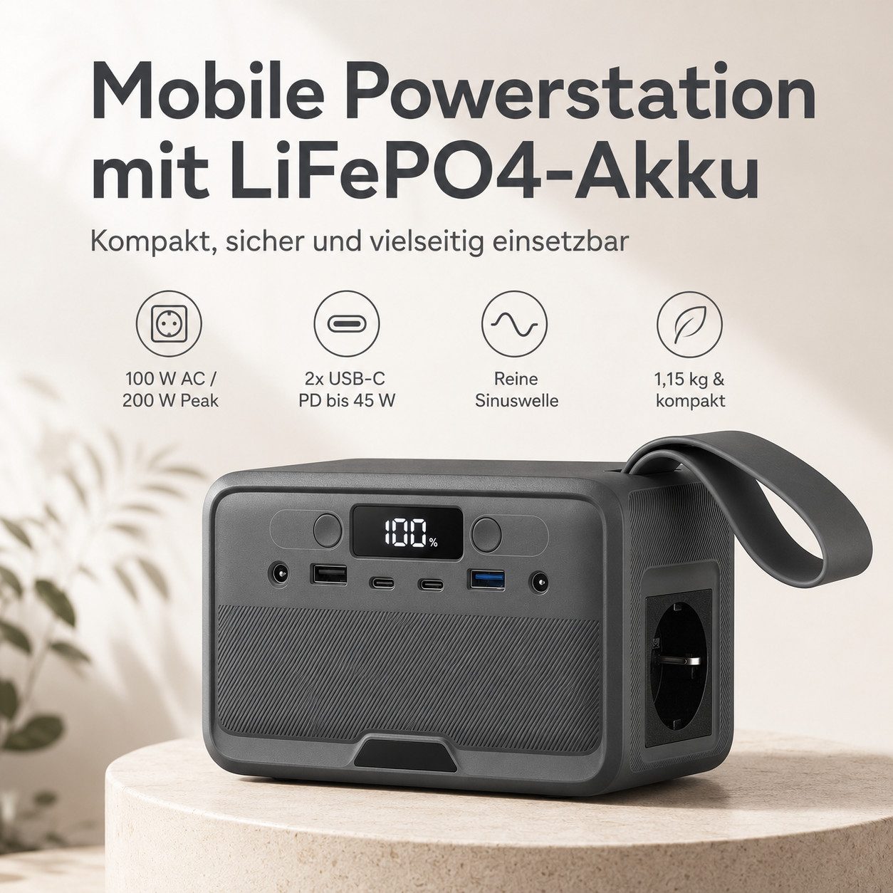 Goldstern-Tech Powerstation 89,6 Wh LiFePO4-Akku Tragbarer Stromspeicher (12 V), 200 W Spitzenleistung, 2x USB-C, LED-Licht