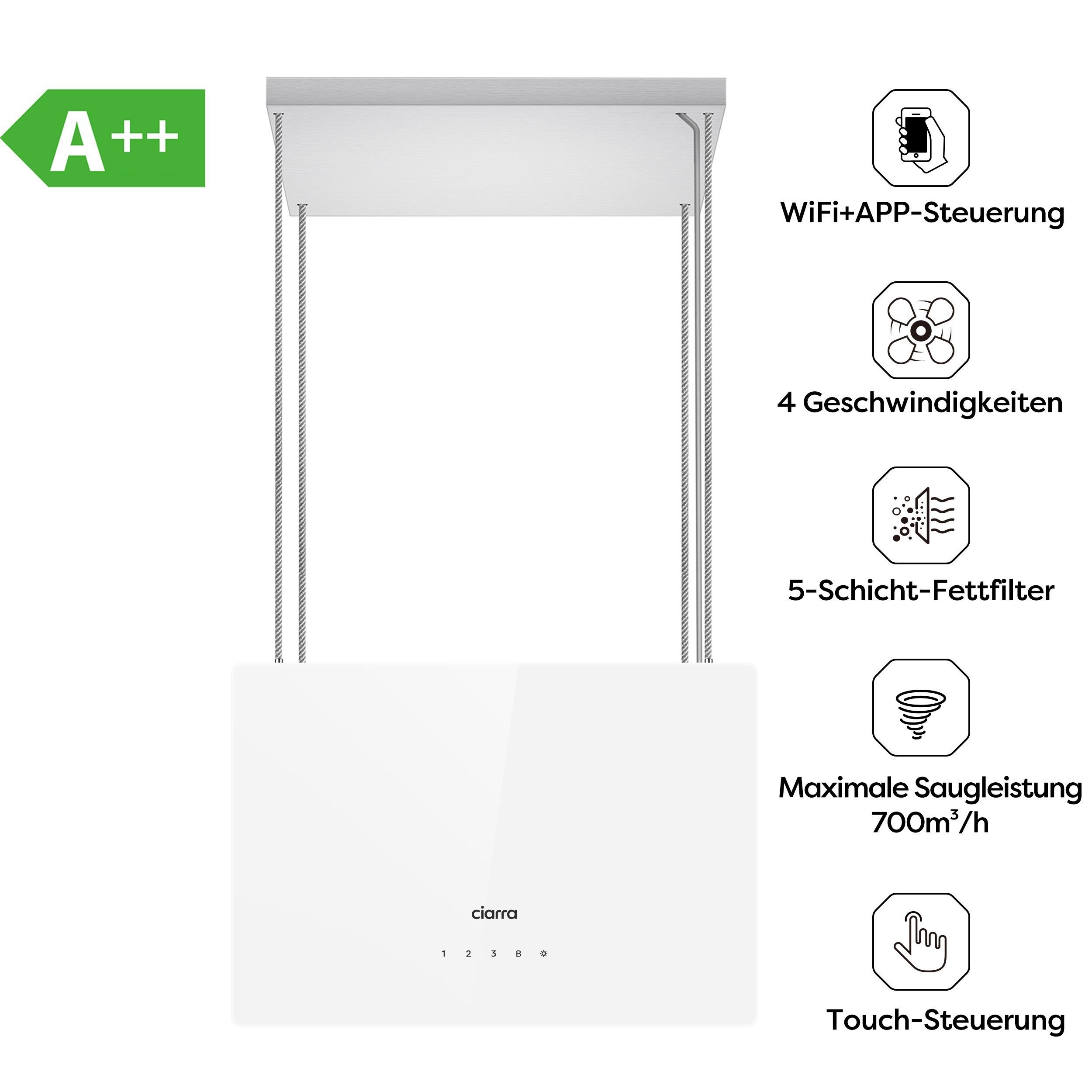 CIARRA Inselhaube 48 cm A+++ 700 m³/h leise Dunstabzugshaube freihängend Umluft CBCS4850 48 cm A+++ 700 m³/h leise Dunstabzugshaube freihängend Umluft CBCS4850, WIFI-APP Touch Control Inkl. BOOST 4 Stufen mit Kohlefilter & LED