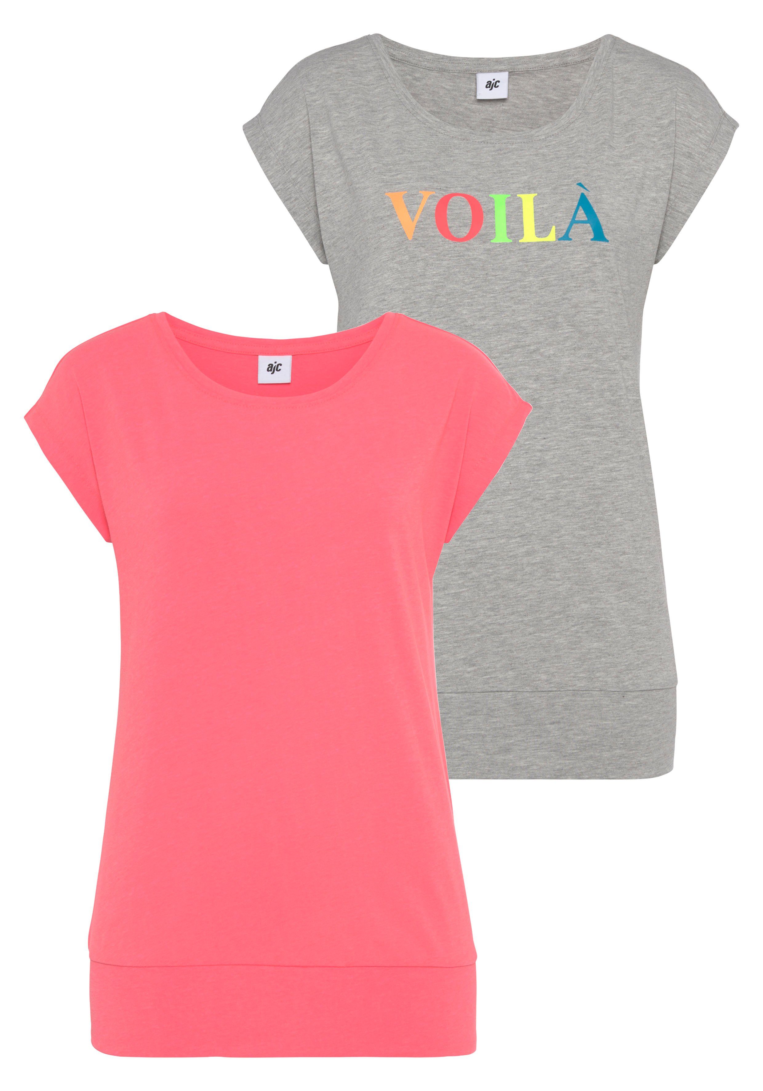 AJC T-Shirt (Set, 2-tlg) mit Statement Print - NEUE KOLLEKTION Neon Pink + Grau mélange | T-Shirts