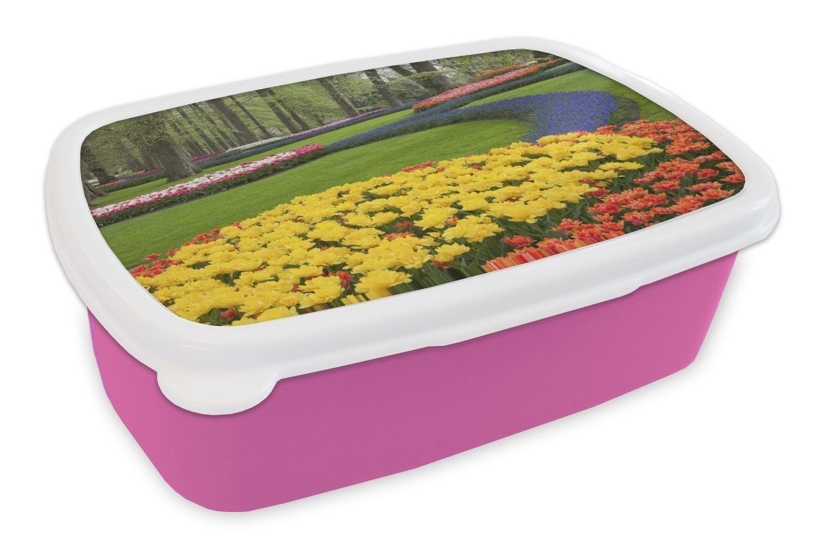 Brotdose rosa im auf für Mädchen, Brotbox Kunststoff (2-tlg), Keukenhof in Snackbox, Blumen MuchoWow Kunststoff, Holland., Erwachsene, Kinder, dem Lunchbox Gras