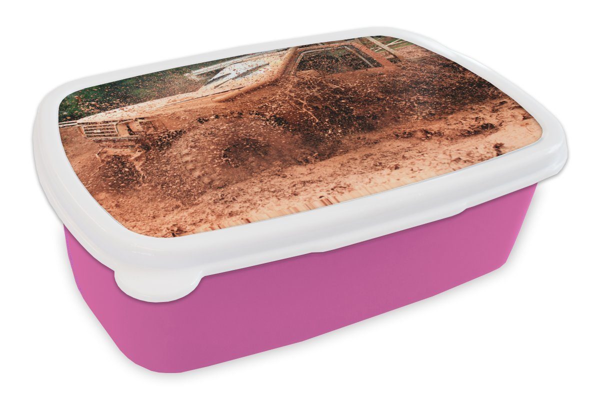 MuchoWow Lunchbox Auto - Rennen - Schlamm - Räder, Kunststoff, (2-tlg), Brotbox für Erwachsene, Brotdose Kinder, Snackbox, Mädchen, Kunststoff rosa