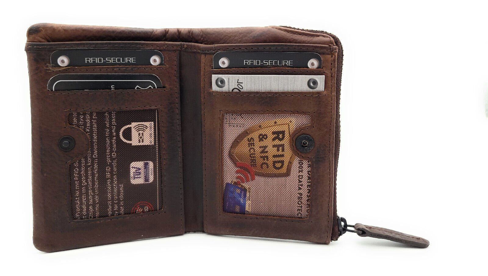 JOCKEY CLUB Mini Geldbörse echt Leder Portemonnaie mit RFID Schutz, gewachstes Rindleder, kompaktes Format, vintage, dunkelbraun