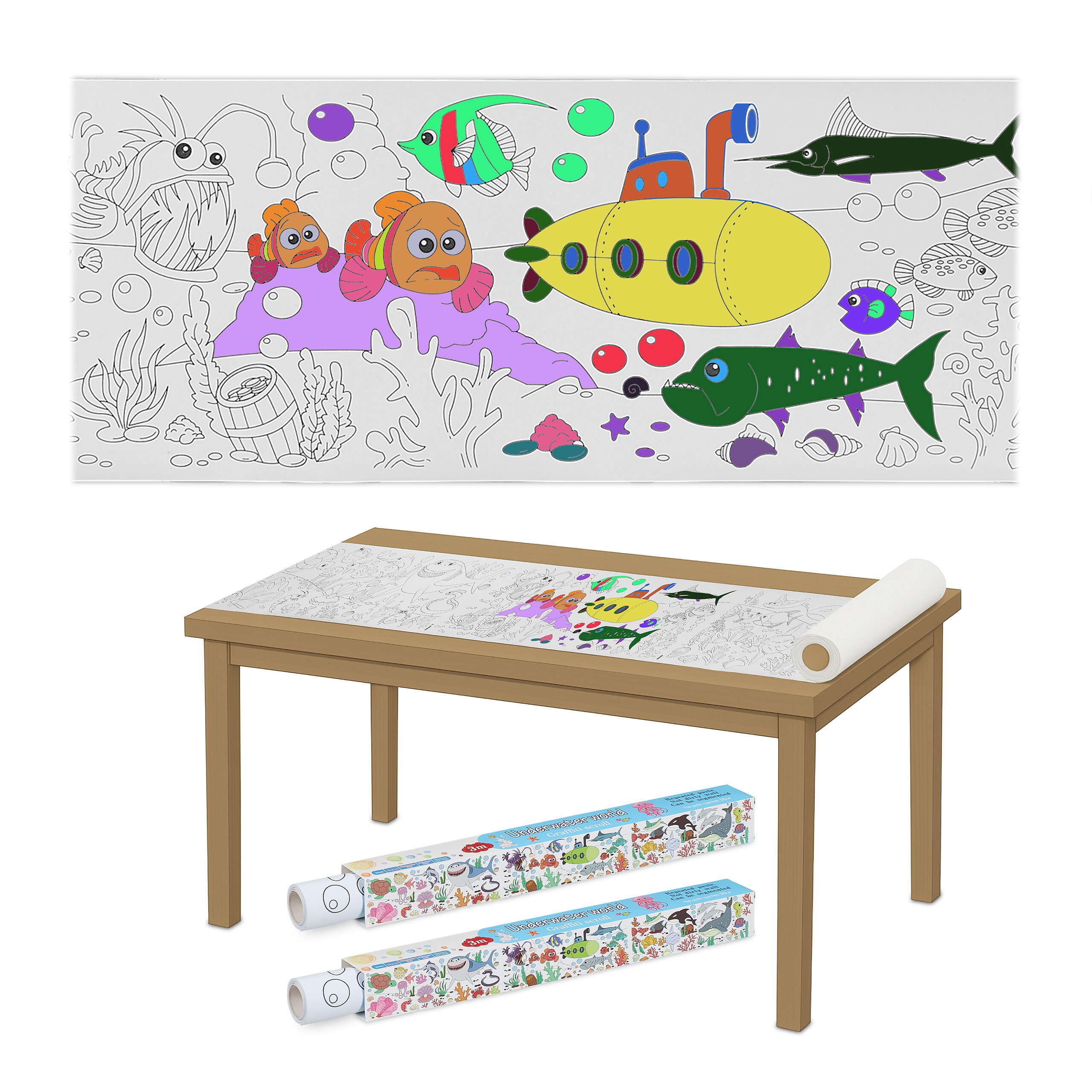 relaxdays Malvorlage Ausmaltischdecken für Kinder 2er Set 3 m (2er Set), Sea Life