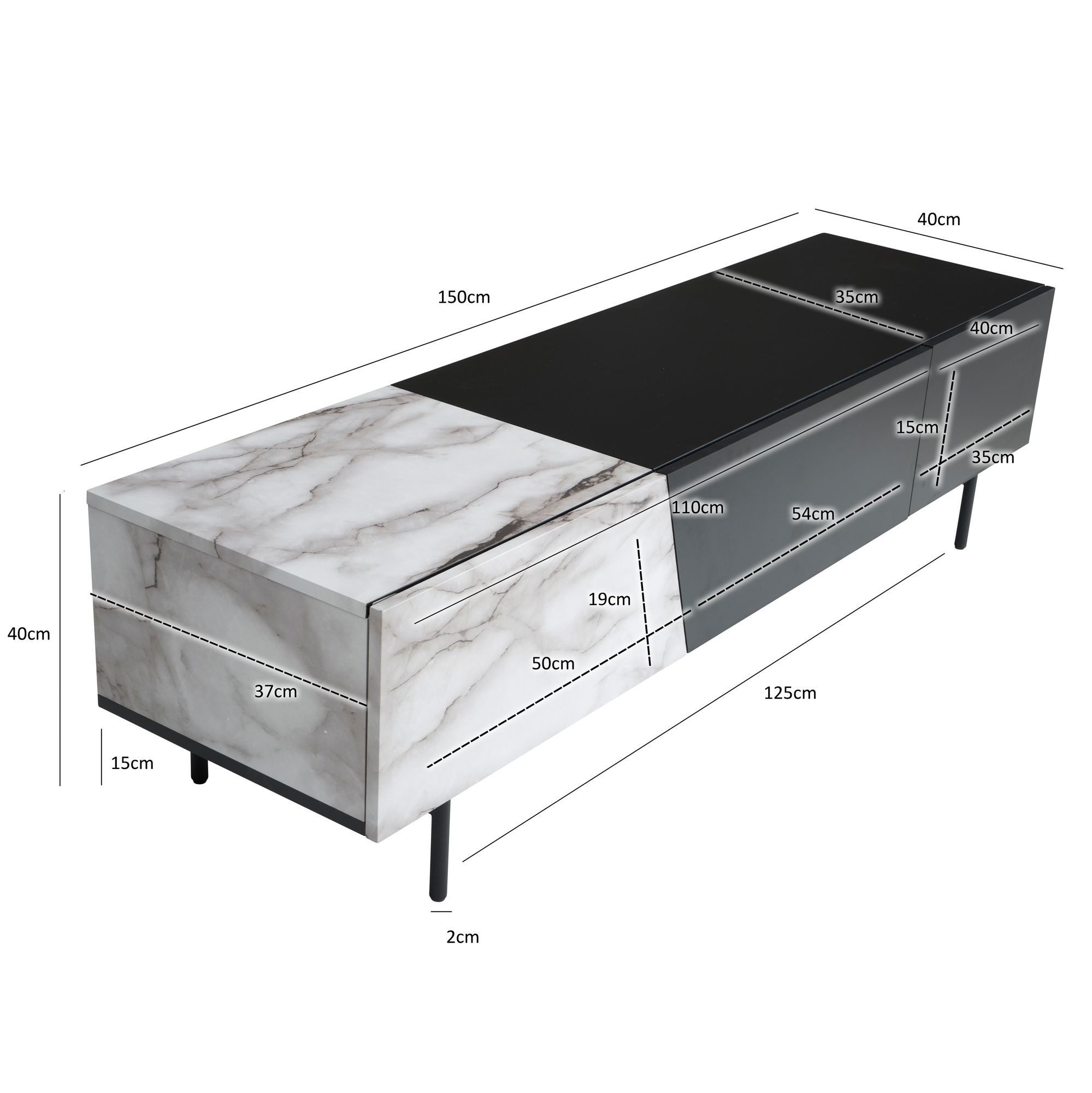FINEBUY Lowboard FB56049 TV Schrank 150 cm Fernsehtisch Fernsehschrank Türen Schublade (TV-Kommode Niedrig, TV-Schrank Modern Fernsehtisch), Schwarz / Marmor-Dekor, 150x40x40 cm, zwei Türen