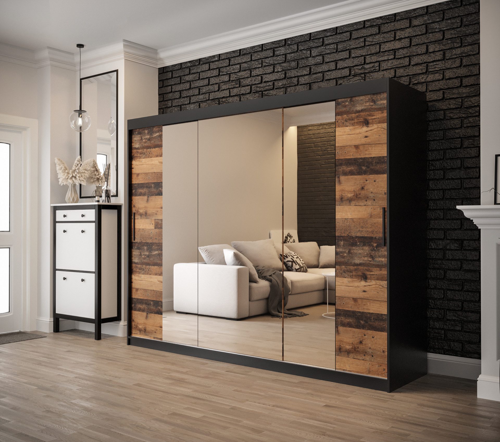 ABIKS MÖBEL Schwebetürenschrank OLD STYLE T2 Schlafzimmerschrank mit Spiegeln, Kleiderstange, Regalen