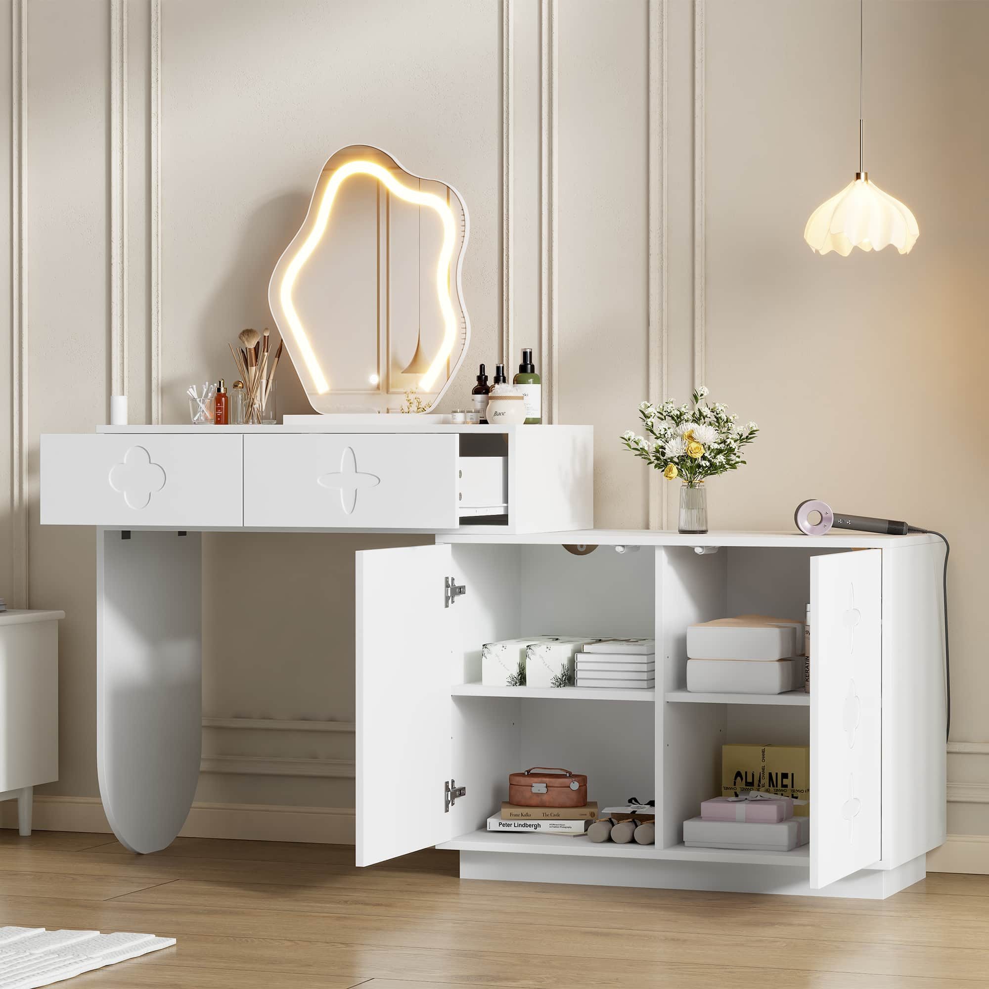 ANYSUN Schminktisch mit LED, 3-stufig verstellbarer Seitenschrank, 2 Schubladen, Weiß (Schminktisch mit LED-Spiegel und flexiblem Seitenschrank, Einzelschminktisch mit LED-Spiegel und Seitenschrank), LED Kosmetiktisch mit Spiegel & Schrank, 160x40x132 cm viel Stauraum