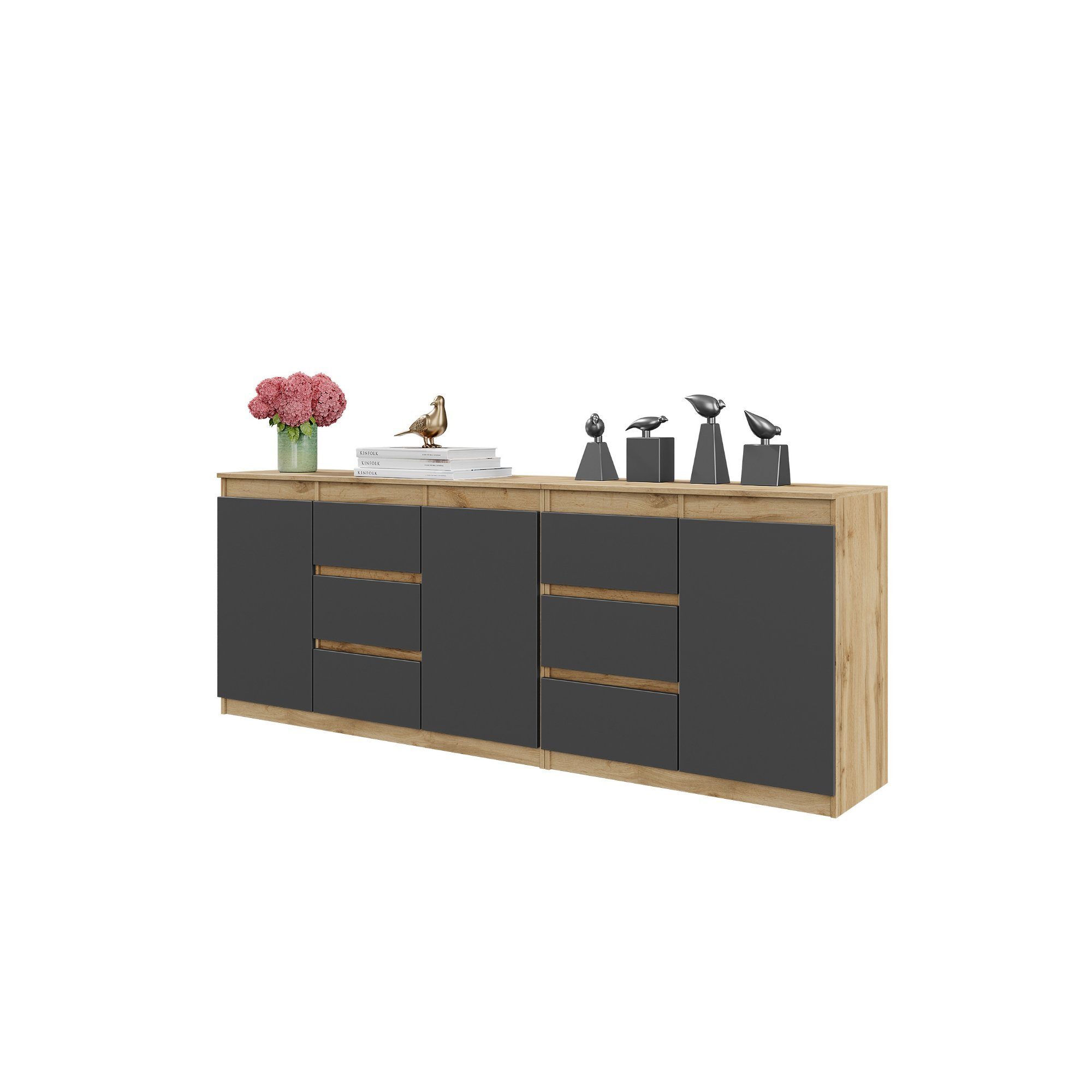 Furnica Kommode MIKEL, 6 Schubladen und 3 Türen - Votan Eiche H75cm B200cm T35cm