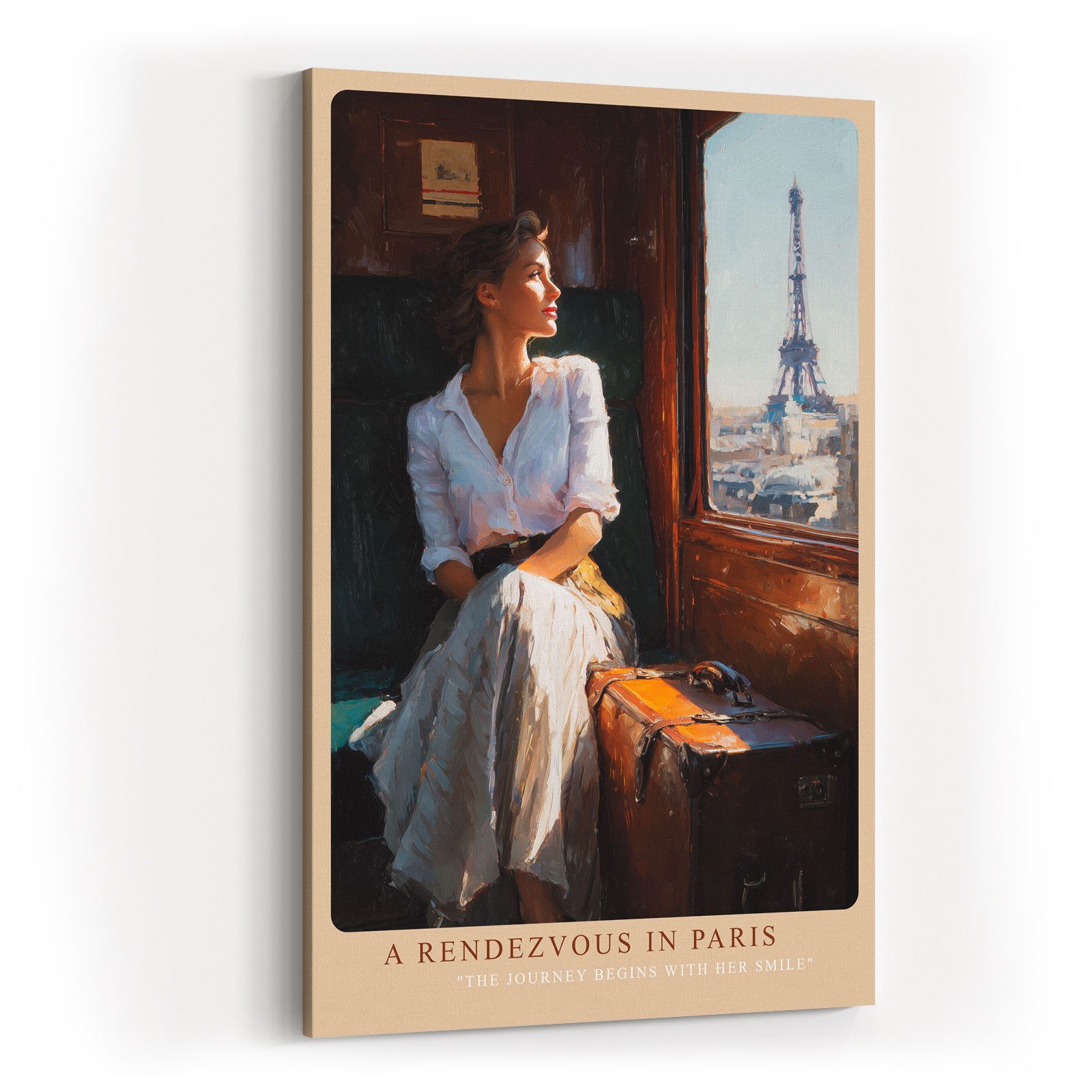Sinus Art Leinwandbild Paris Eiffelturm Zug Frau Fenster Frankreich Romantik Reise Nostalgie