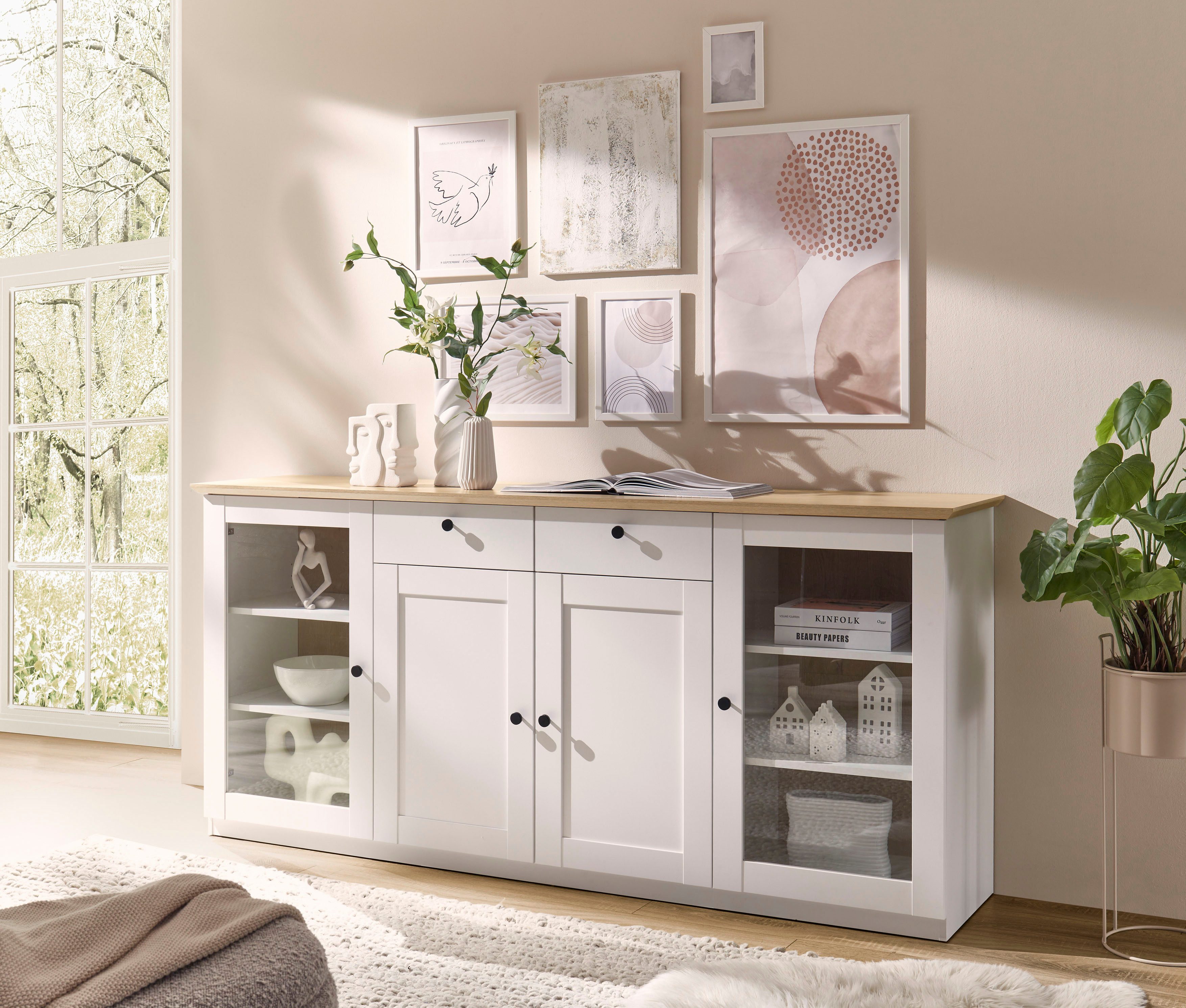 OTTO home Sideboard Brest, Schrank im Landhausstil, Kommode, zeitloses Stauraumelement, schwarze Metallgriffe, ausreichend Stauraum, Glastüren, 204 cm breit