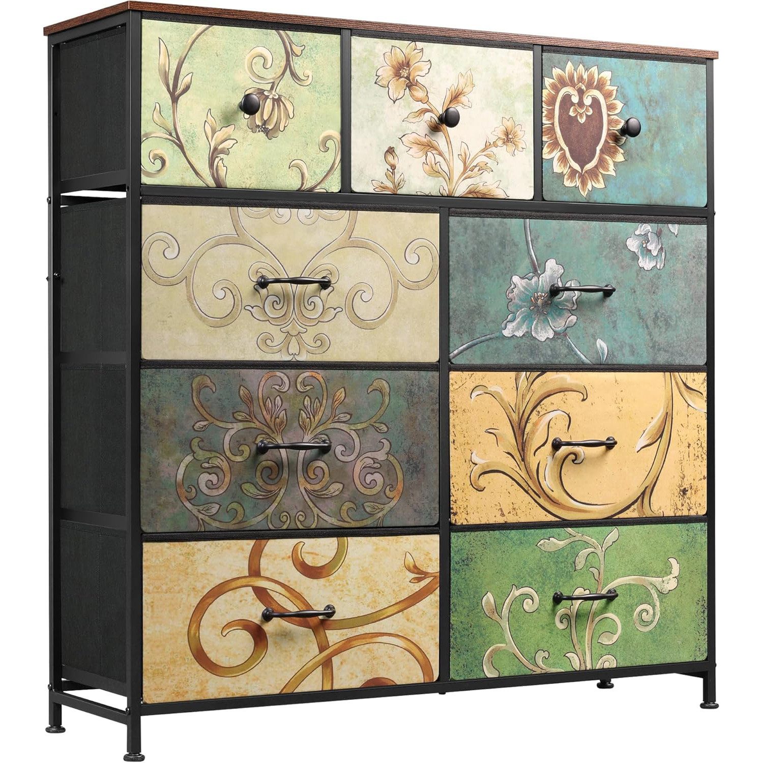 FUROKOY Kommode Stauraumschrank,Schrank Schlafzimmer,Metallrahmen,Retro Stil, Blumenmuster,9 Schubladen
