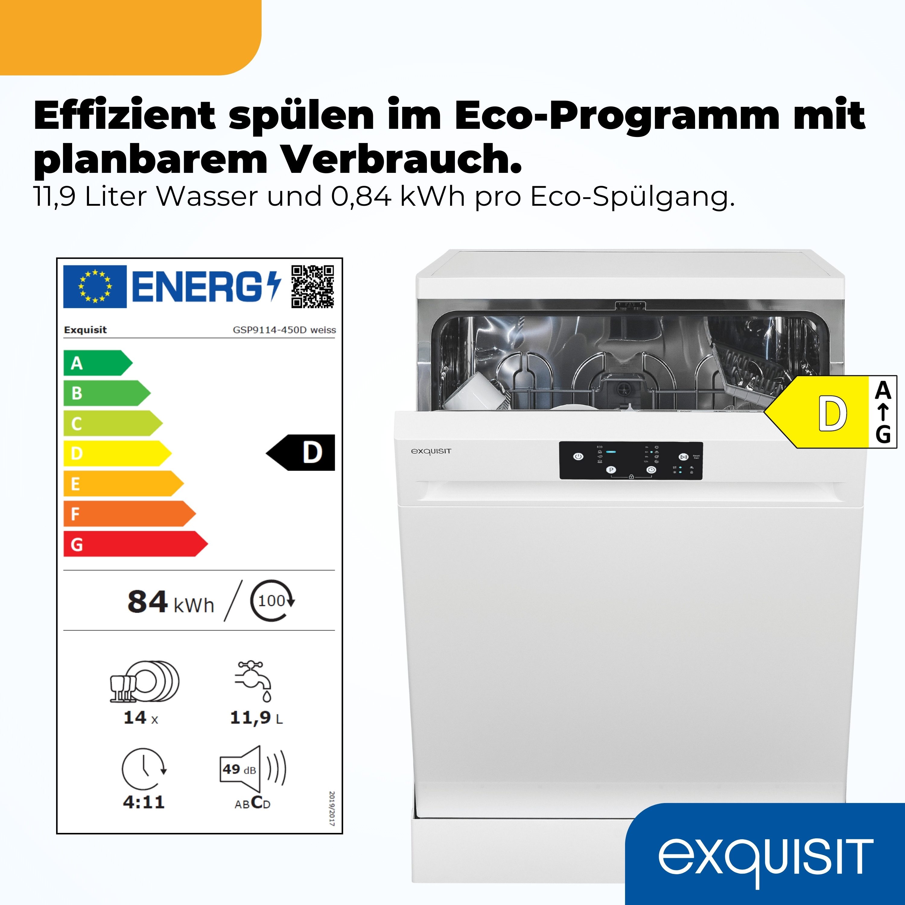 exquisit Standgeschirrspüler GSP9114-450D, 14 Maßgedecke, Edelstahl Innenbehälter, Energieklasse D, 49 dB Geräuschklasse C
