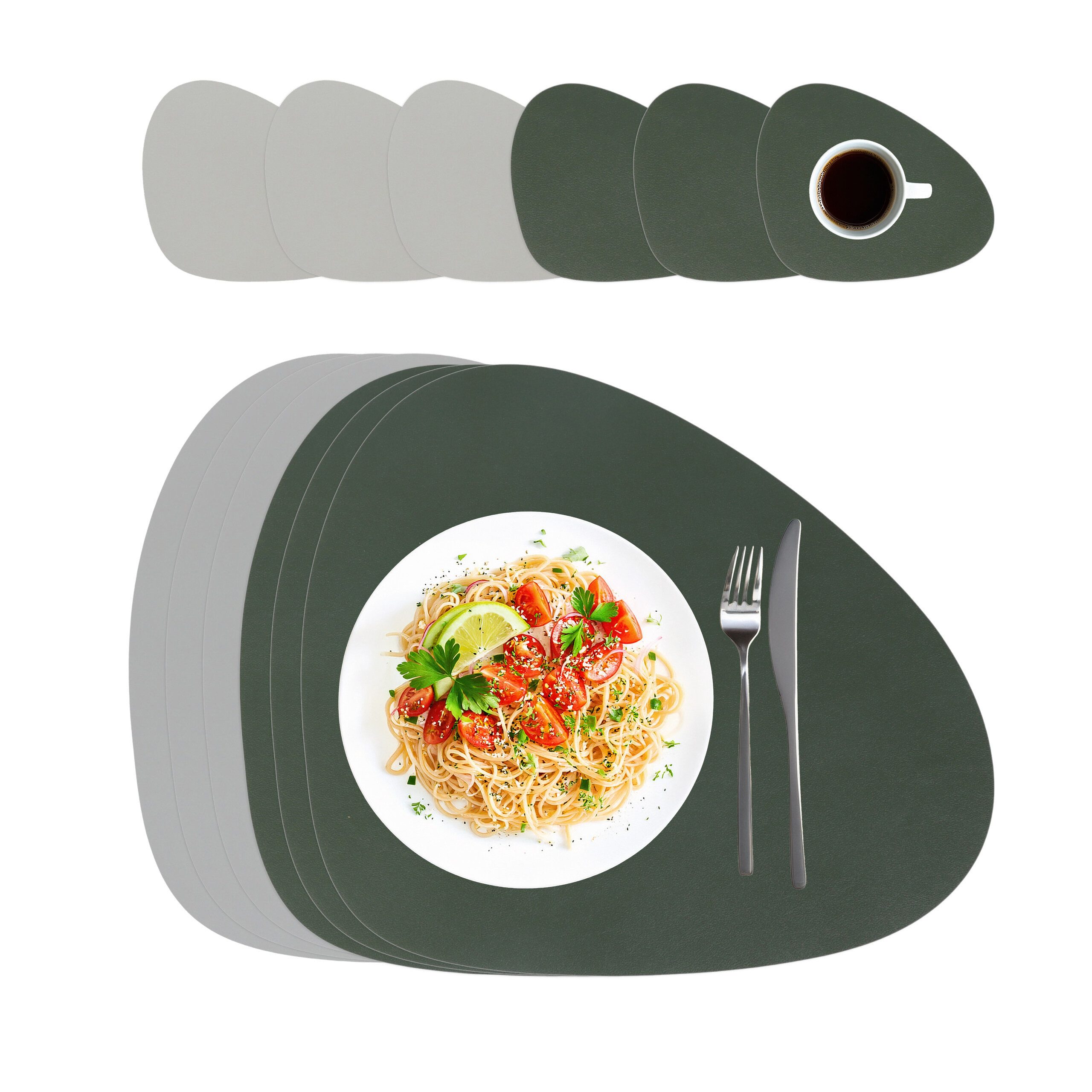 relaxdays Platzset Platzdeckchen mit Untersetzern 6er Set, (6-St), Grau-Grün, Oval