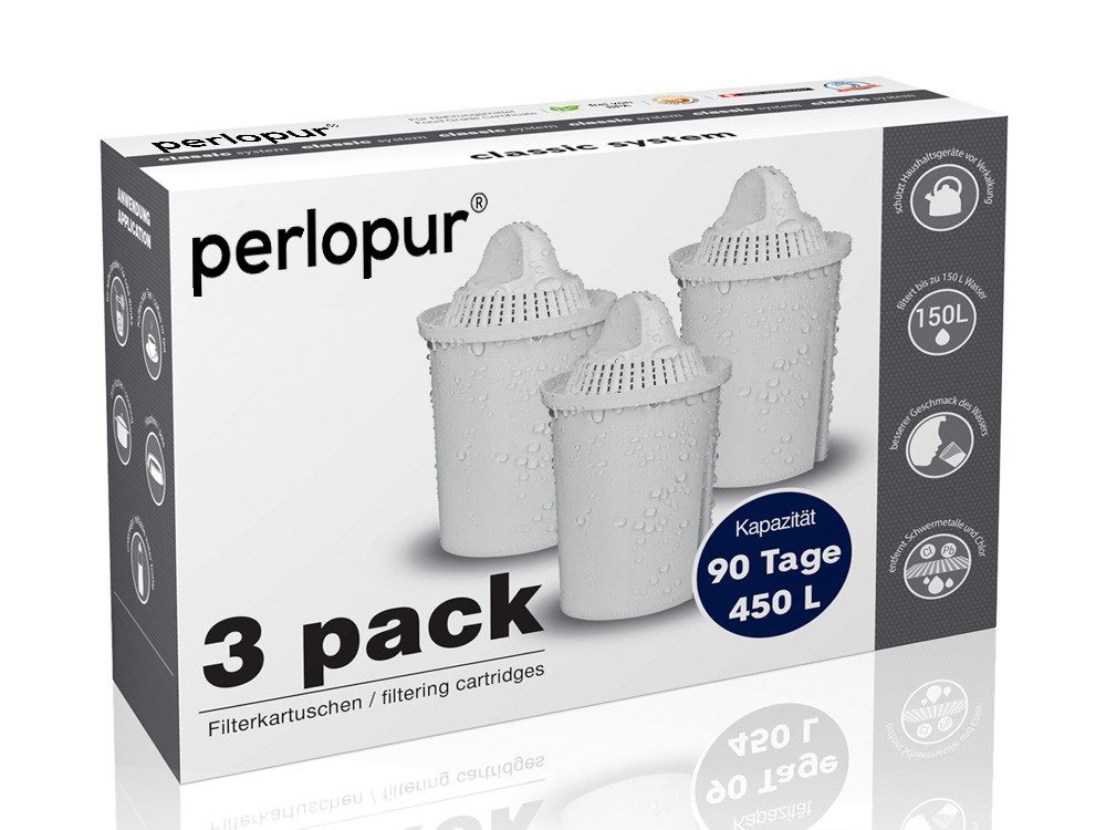 PerloPur Kalk- und Wasserfilter Filterkartuschen Classic Universal Pack 3, Zubehör für Brita Classic u. PearlCo Classic