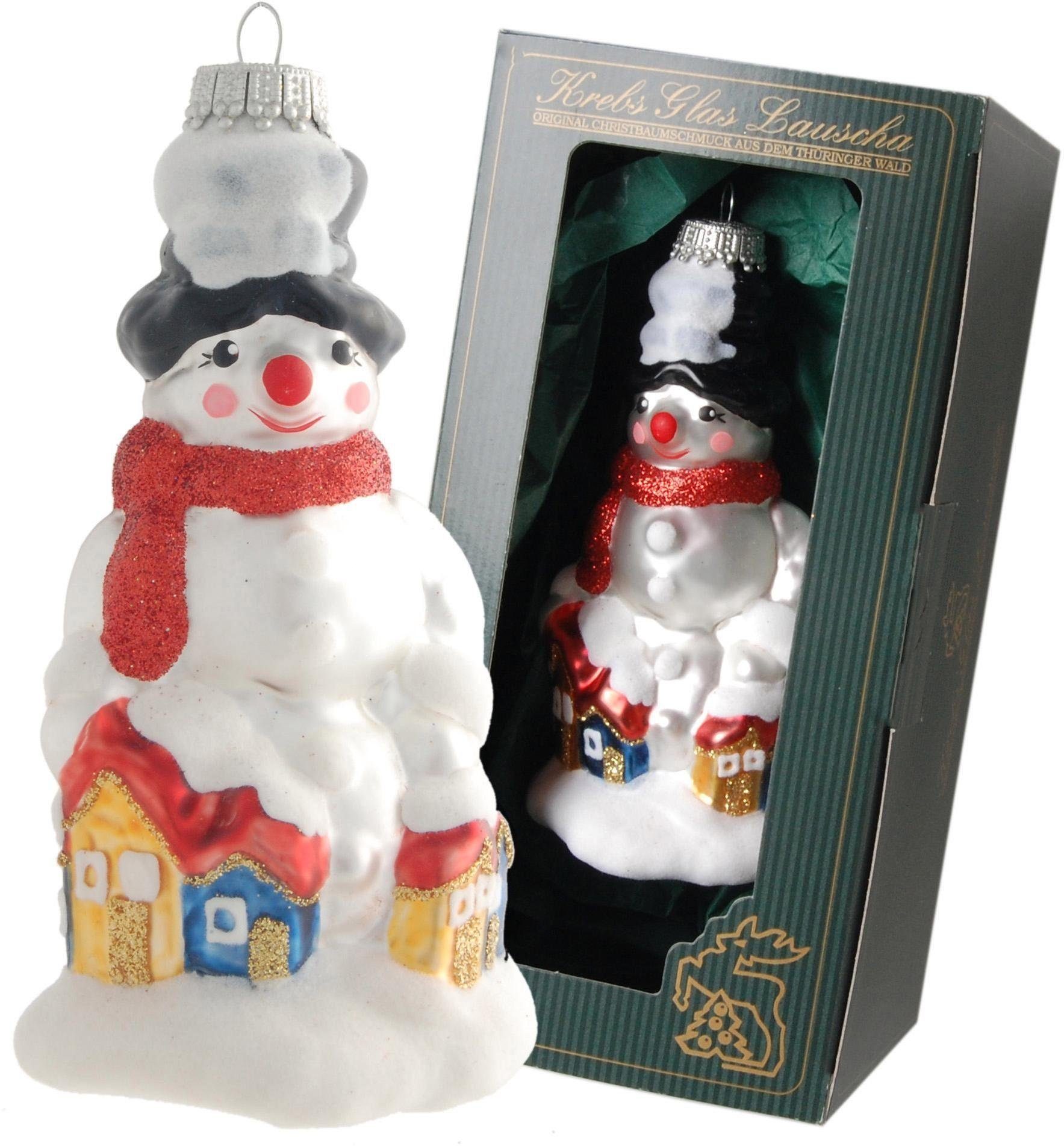 Krebs Glas Lauscha Christbaumschmuck Schneemann mit Häuser, Weihnachtsdeko, Christbaumschmuck (1-tlg), mundgeblasen