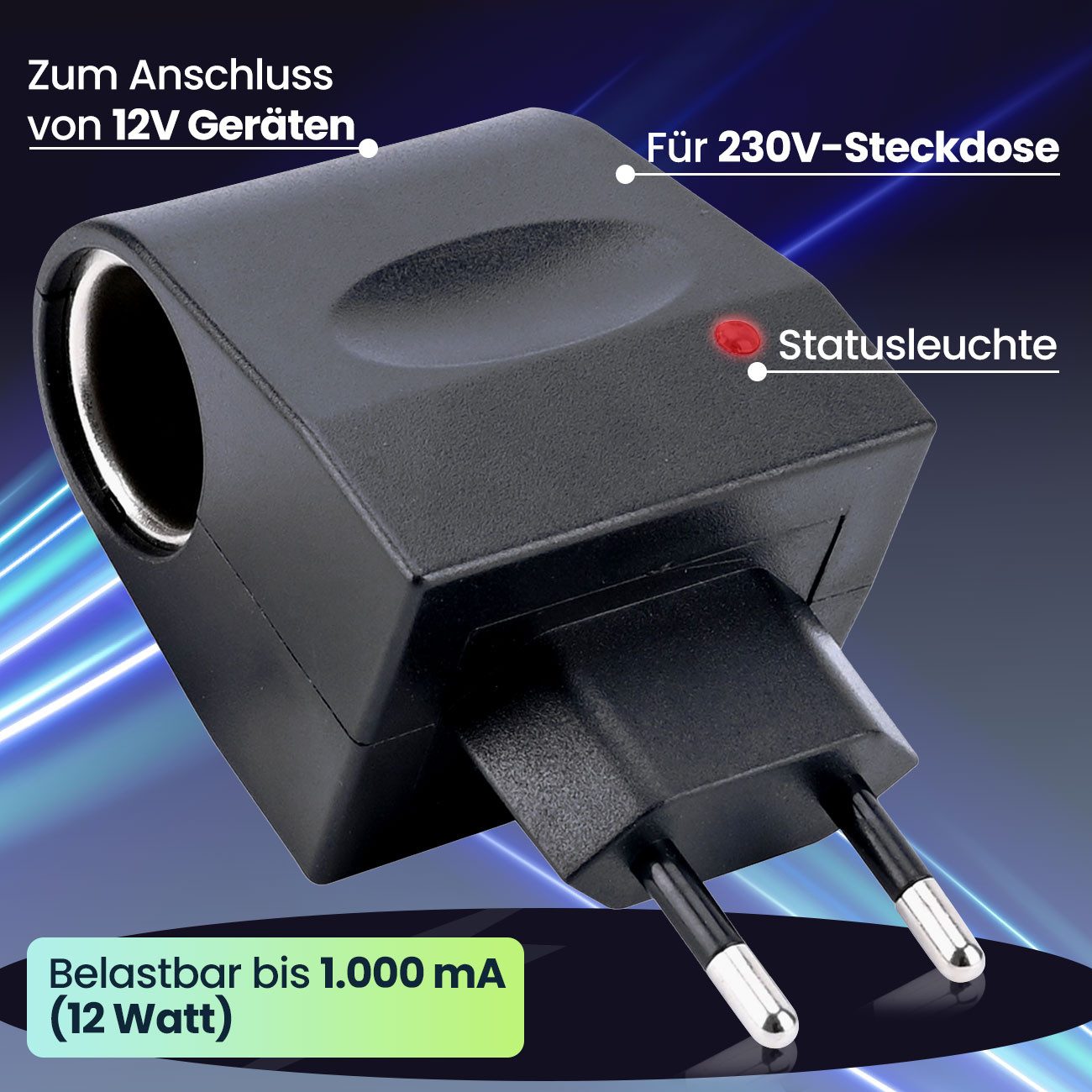 Casativo Spannungswandler 1000mA-Spannungswandler 230V auf 12V Gleichrichter Kfz-Steckdose-12W, (1 St., 1er-Set & 2er-Set), 230V zu 12V Kfz-Netzadapter für Geräte bis maximal 12 Watt / 1000mA