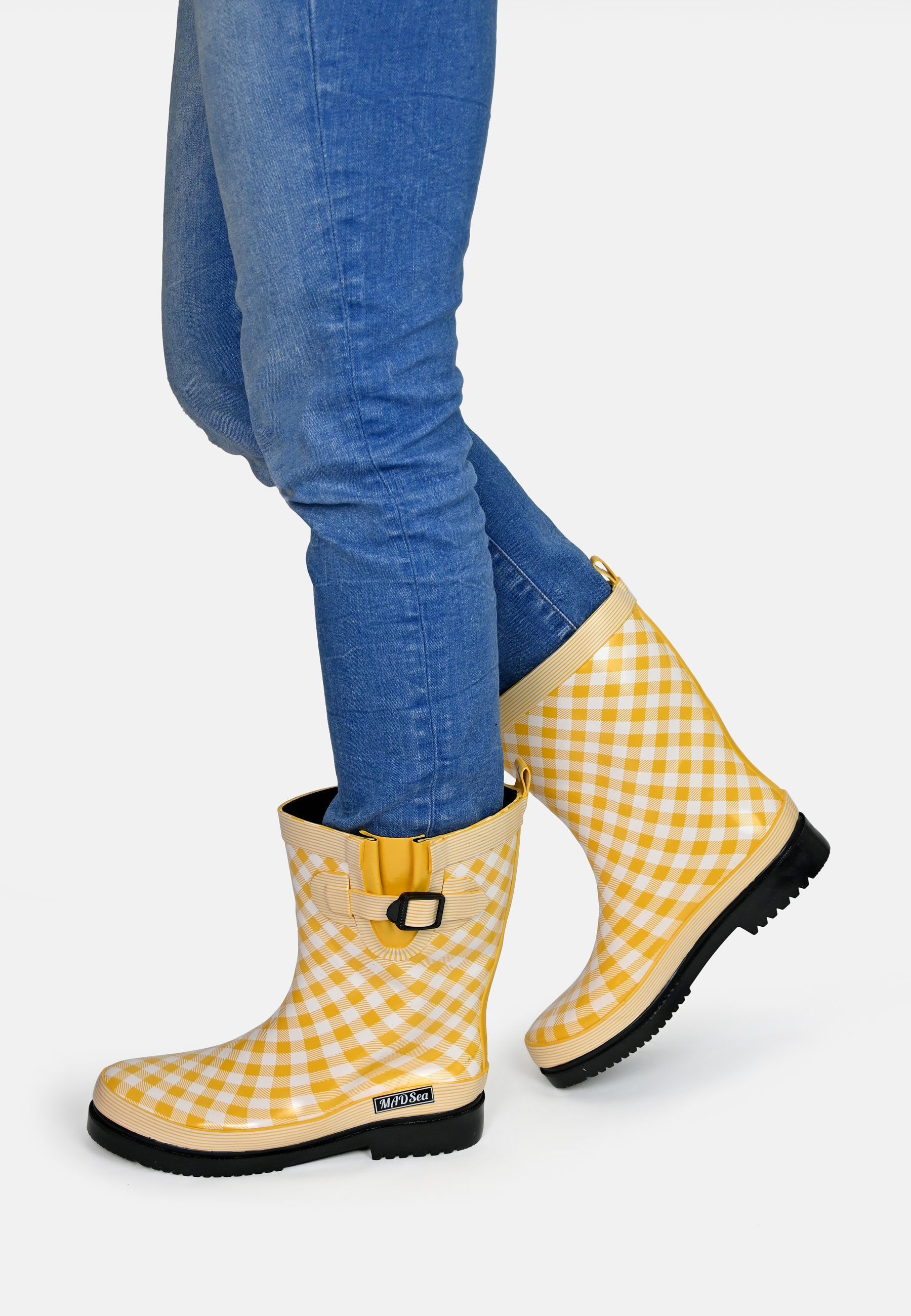 MADSea Checkered Gummistiefel gelb karierter Stiefel mit Deko-Schnalle
