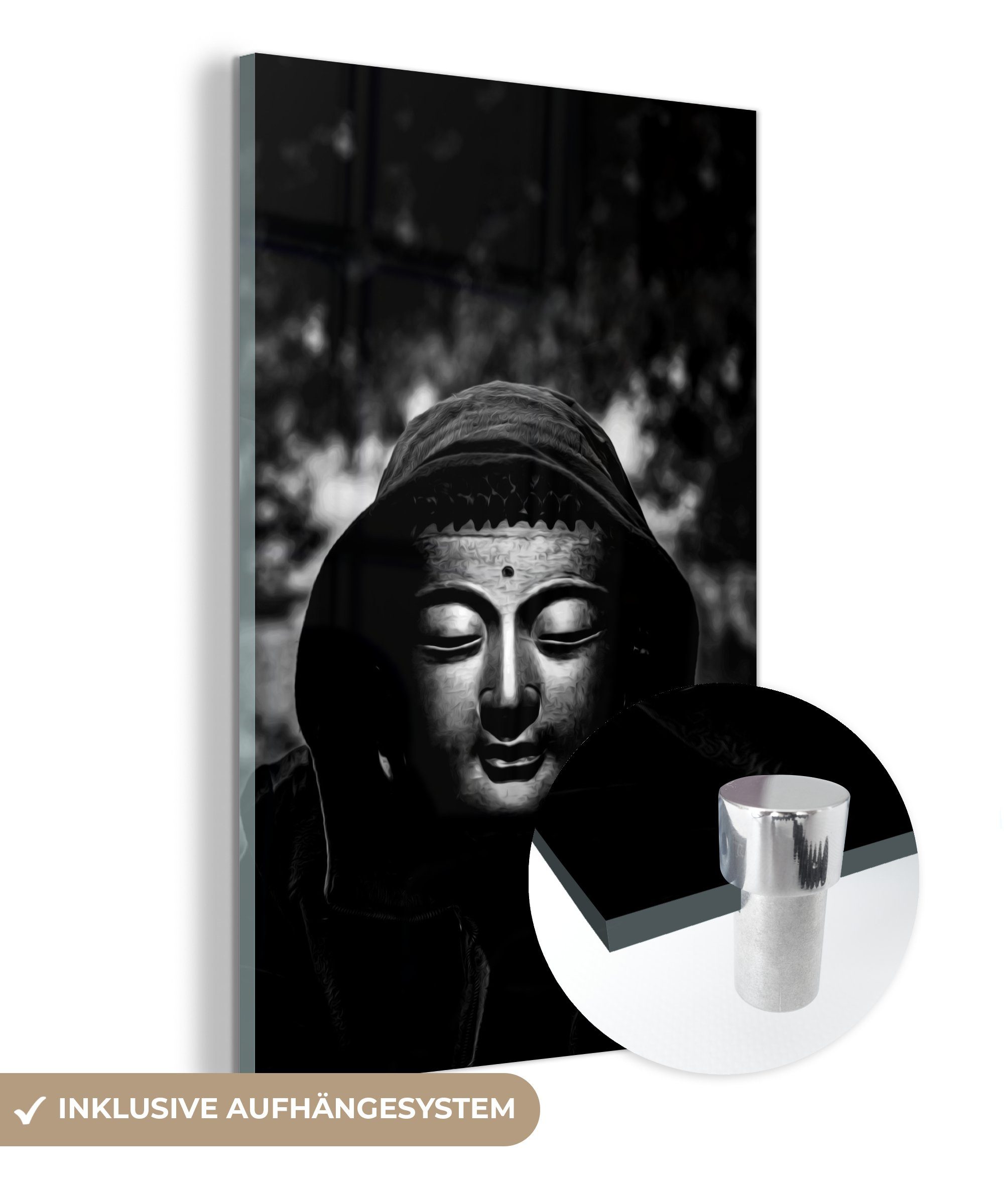 MuchoWow Acrylglasbild Buddha aus Kupfer Glas - (1 mit - Kapuze Wandbild auf - Glas St), Foto weiß, Bilder schwarz Glasbilder auf - bunt Wanddekoration und
