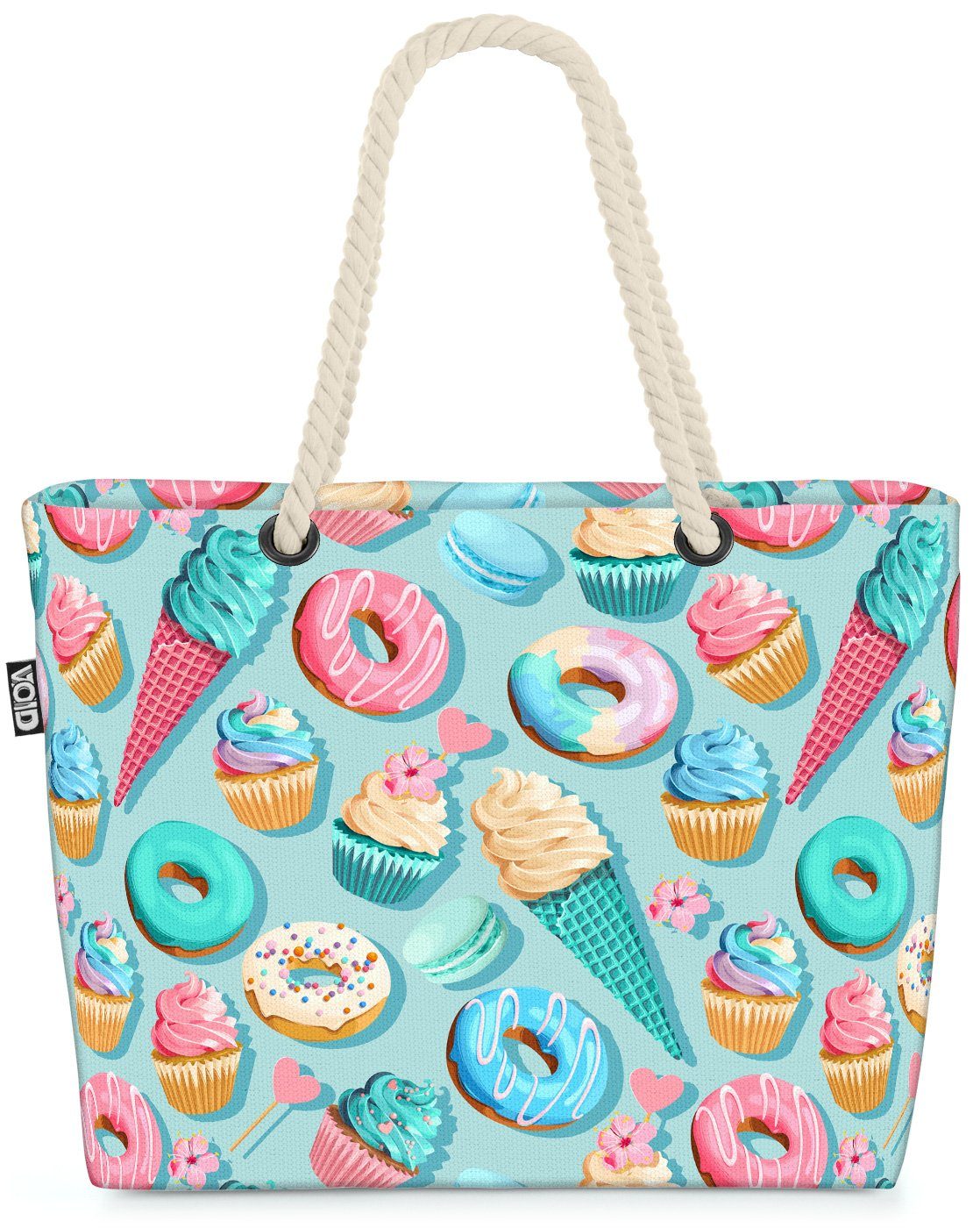 VOID Strandtasche (1-tlg), Cupcake Eis Party Beach Bag Macarons Doughnuts Donuts Essen Süßwaren Einhorn
