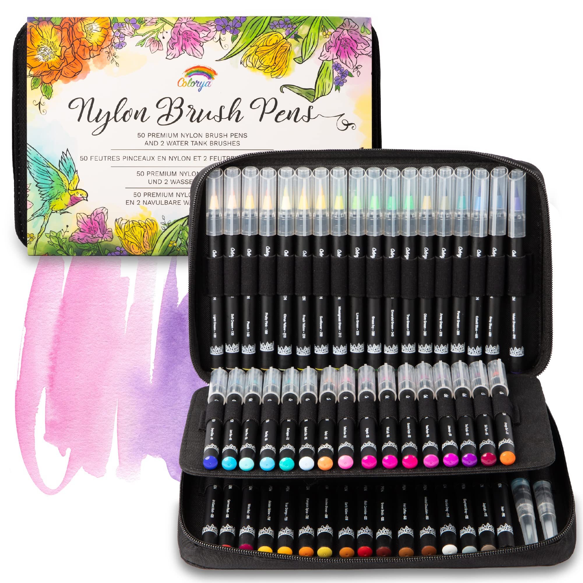 Colorya Pinselstift 50er Pinselstifte-Set mit Nylonspitze und praktischer Tragetasche, (1-tlg), 50er Pinselstifte Set mit Nylonspitze und Tragetasche