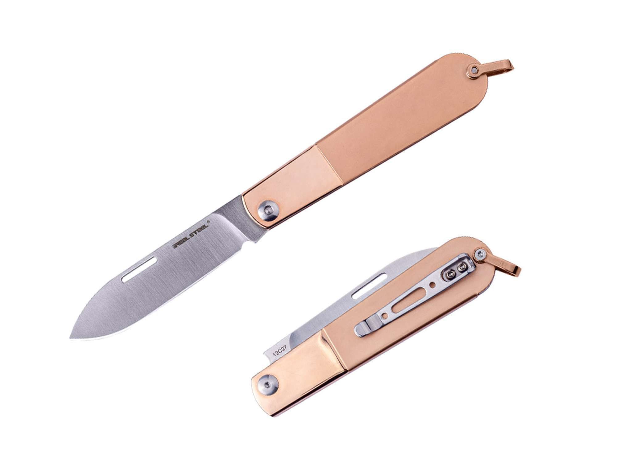Real Steel Taschenmesser Real Steel Real Barlow RB-3 Drop Point 12C27 Rosegold Steel