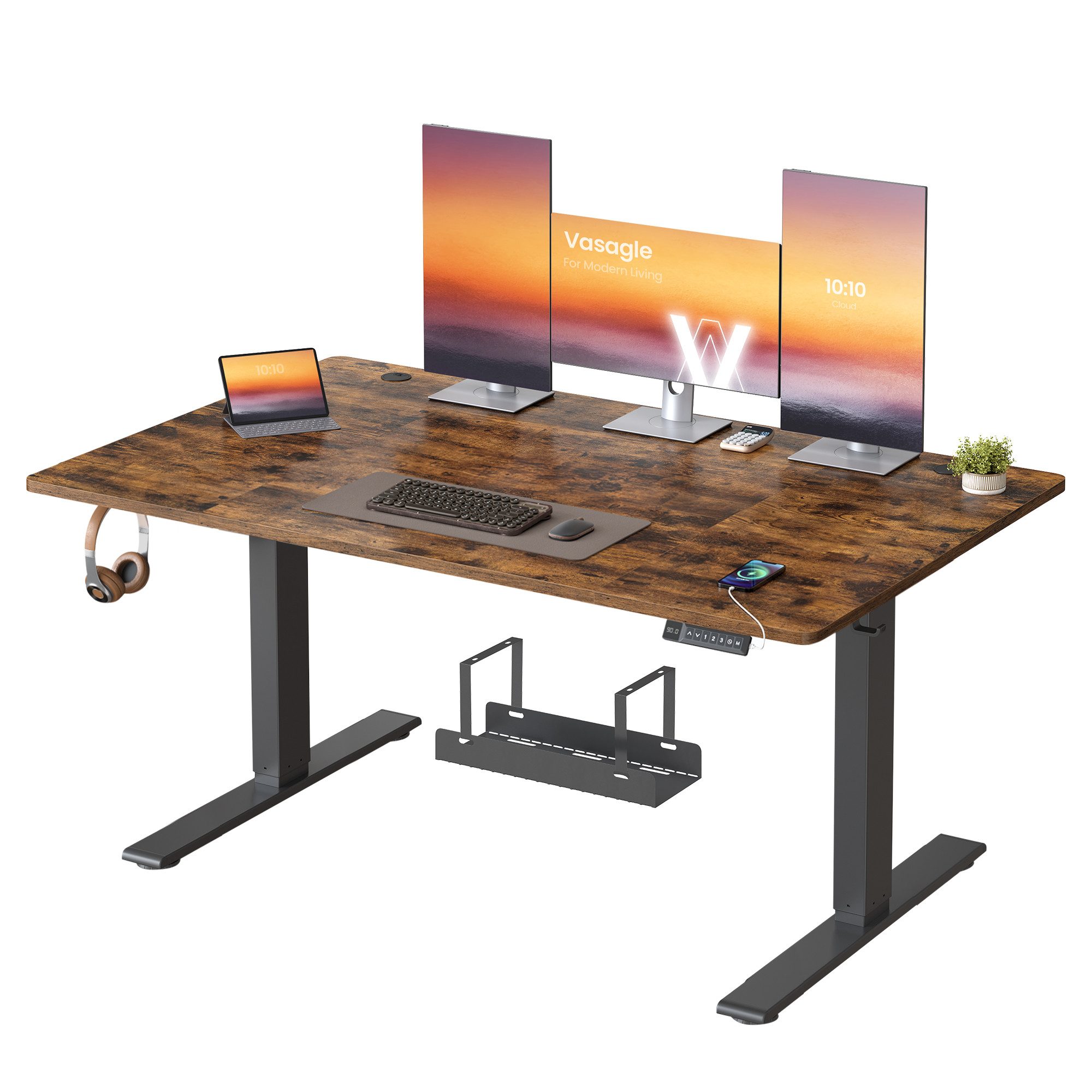 VASAGLE Schreibtisch Höhenverstellbarer, USB-C-Anschluss, Erinnerung bei langem Sitzen, Ablage für Steckdosenleiste, 3 Speichertasten, 140/160/180cm