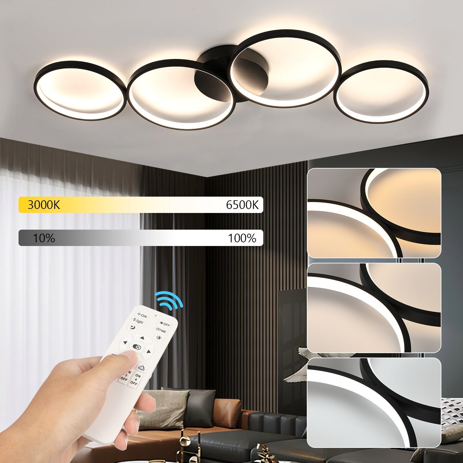 LETGOSPT LED Deckenleuchte fest Kaltweiß, integriert, aus Aluminium Dimmbar Weiß, 50W Fernbedienung, für mit Modern 4 Ringoptik, Deckenlampe Wohnzimmerlampe Warmweiß, Flammig LED Schlafzimmer Wohnzimmer in