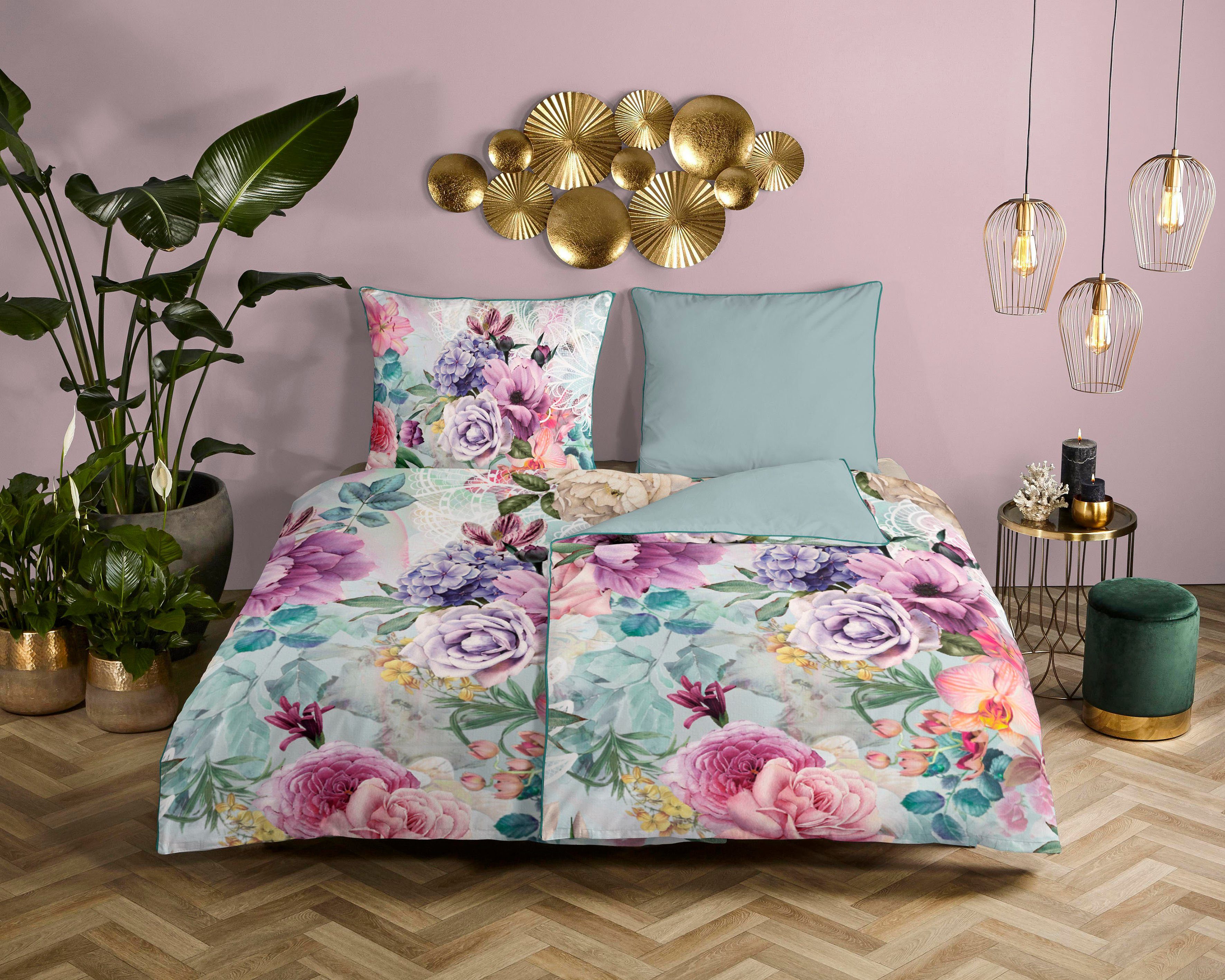 Descanso Wendebettwäsche Anamin, Satin (Bio-Baumwolle), 2 teilig, Baumwolle, Satin, 135x200, Biese, Reißverschluss, Wende, Blumen