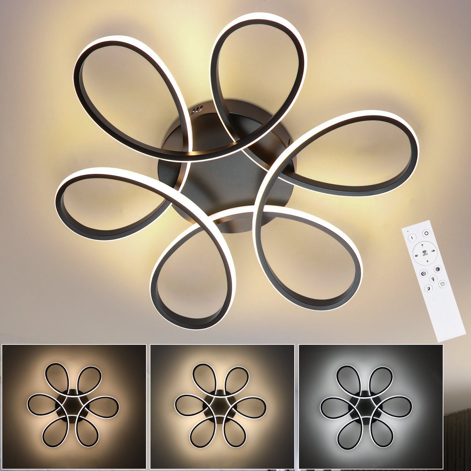 DOPWii Deckenleuchten LED Deckenleuchte mit Fernbedienung,3-stufig dimmbare Schwarz