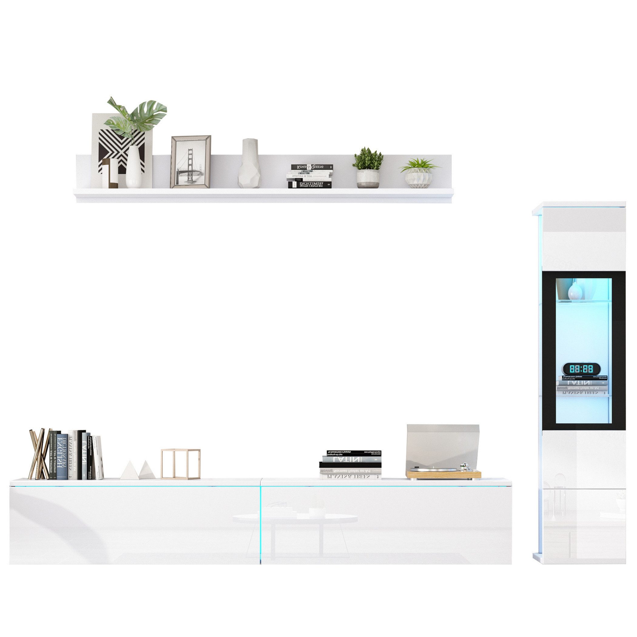 SeedWave Lowboard 3-Teilig TV-Set, LED Lowboard und Halbdurchsichtige Vitrine, Wandregal (Besteht aus TV-Lowboard×1, Vitrine×1, Wandregal×1), Lowboard und Vitrine aufgehängt oder stehend, 16 Licht-Farbe