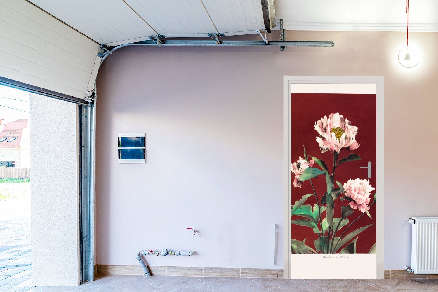 St), Pflanzen Rot - Farben bedruckt, - (1 cm MuchoWow Matt, - Tür, 75x205 Türaufkleber, Türtapete Blumen Vintage, für Fototapete -