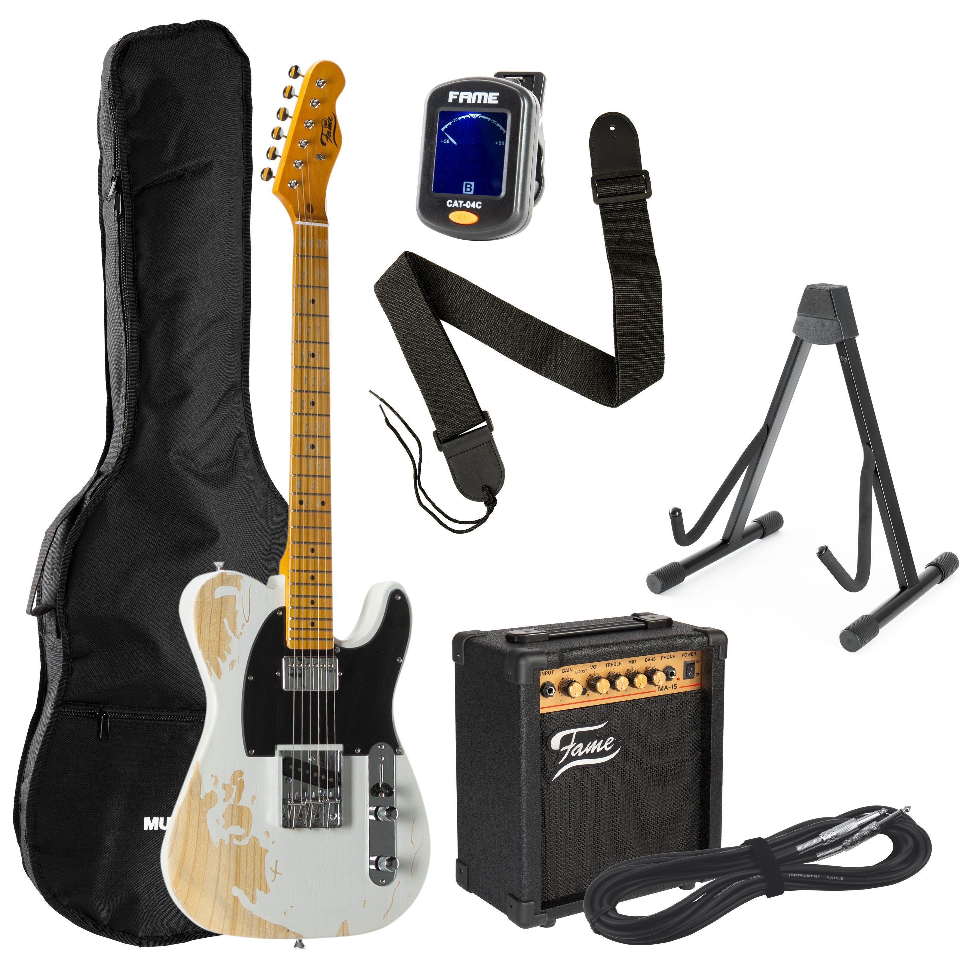 FAME E-Gitarre, E-Gitarren, E-Gitarren-Sets, TL Worn Out SH White Set - E-Gitarren Anfänger Set