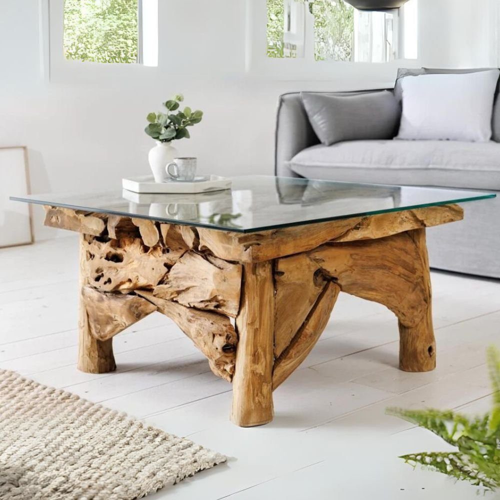 LebensWohnArt Couchtisch Handgefertigter Teak Couchtisch SEASIDE 80x80cm Unikat