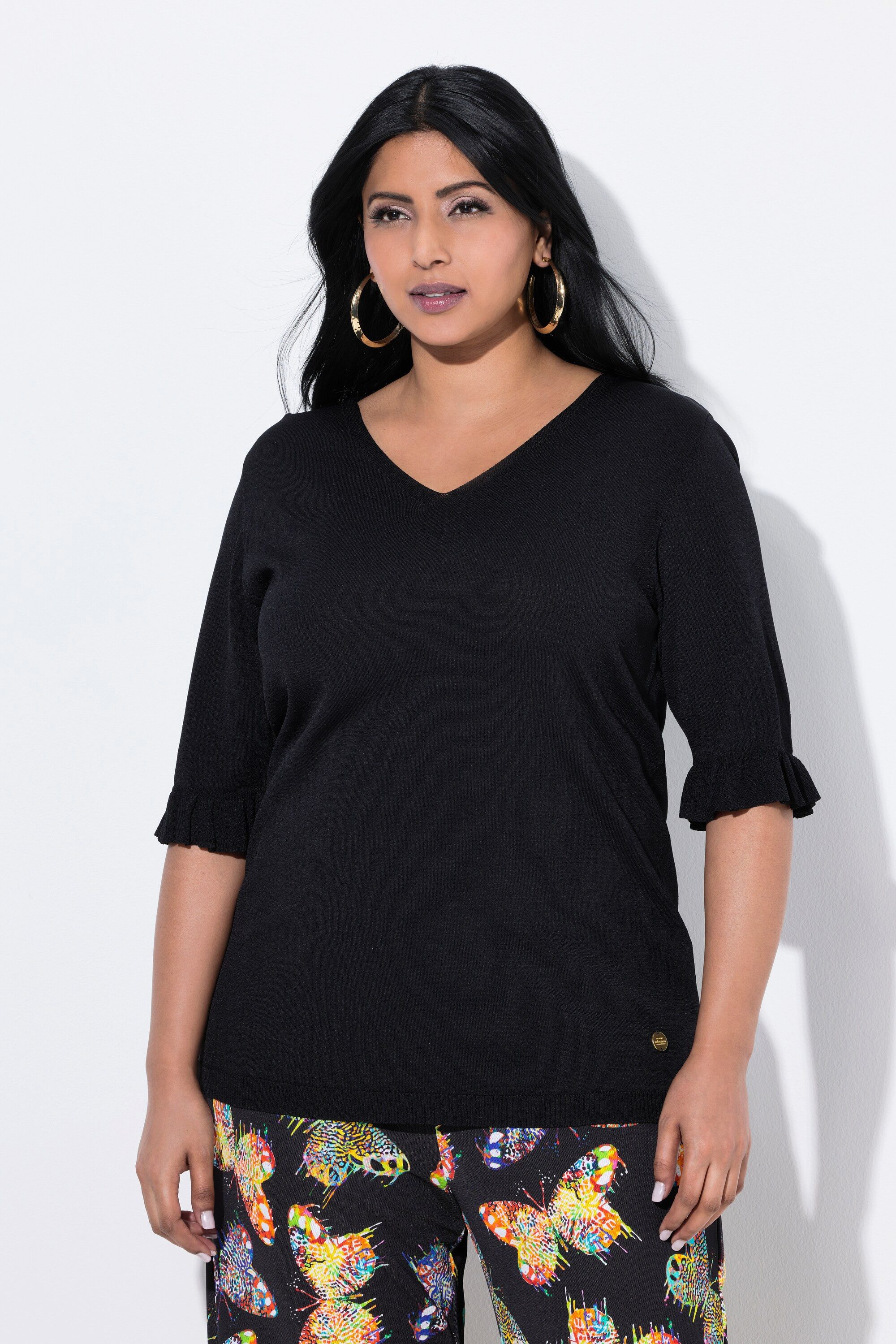 Ulla Popken Strickpullover Pullover V-Ausschnitt Rüschen-Halbarm günstig online kaufen