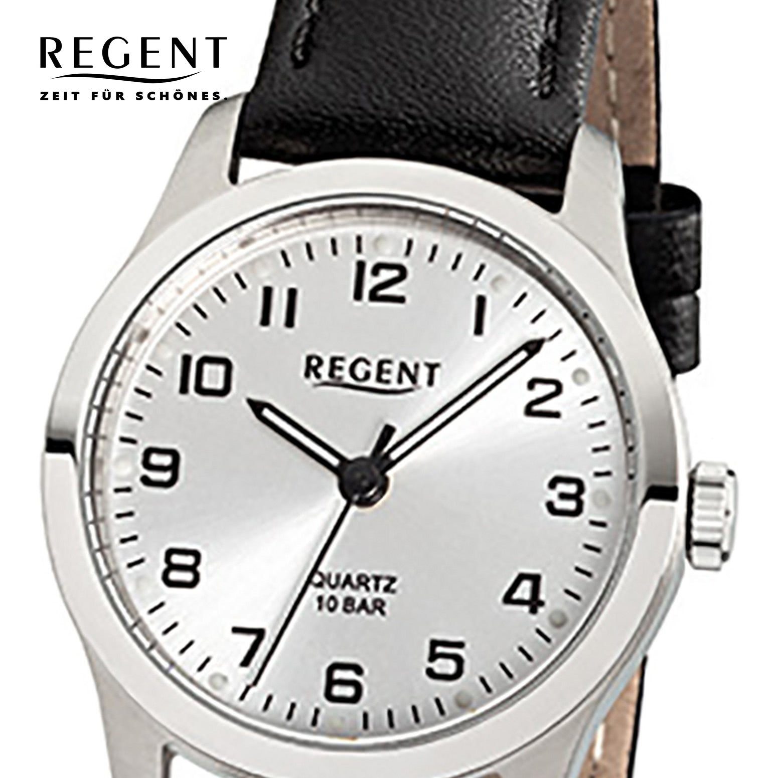 Regent Quarzuhr Regent rund, Leuchtindexe Damen-Armbanduhr Lederarmband, klein schwarz (ca. Armbanduhr Analog, Damen 28mm)