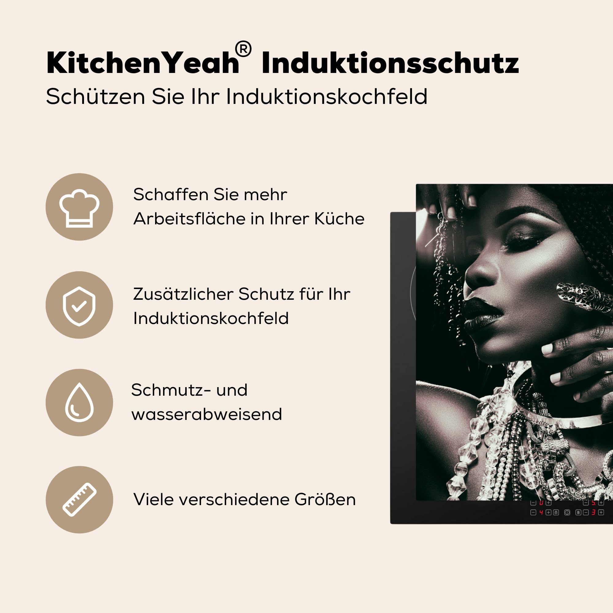 MuchoWow Herdblende-/Abdeckplatte Frau - Halskette Weiß, Arbeitsplatte - Schwarz Ceranfeldabdeckung, Vinyl, küche cm, (1 - tlg), für 78x78