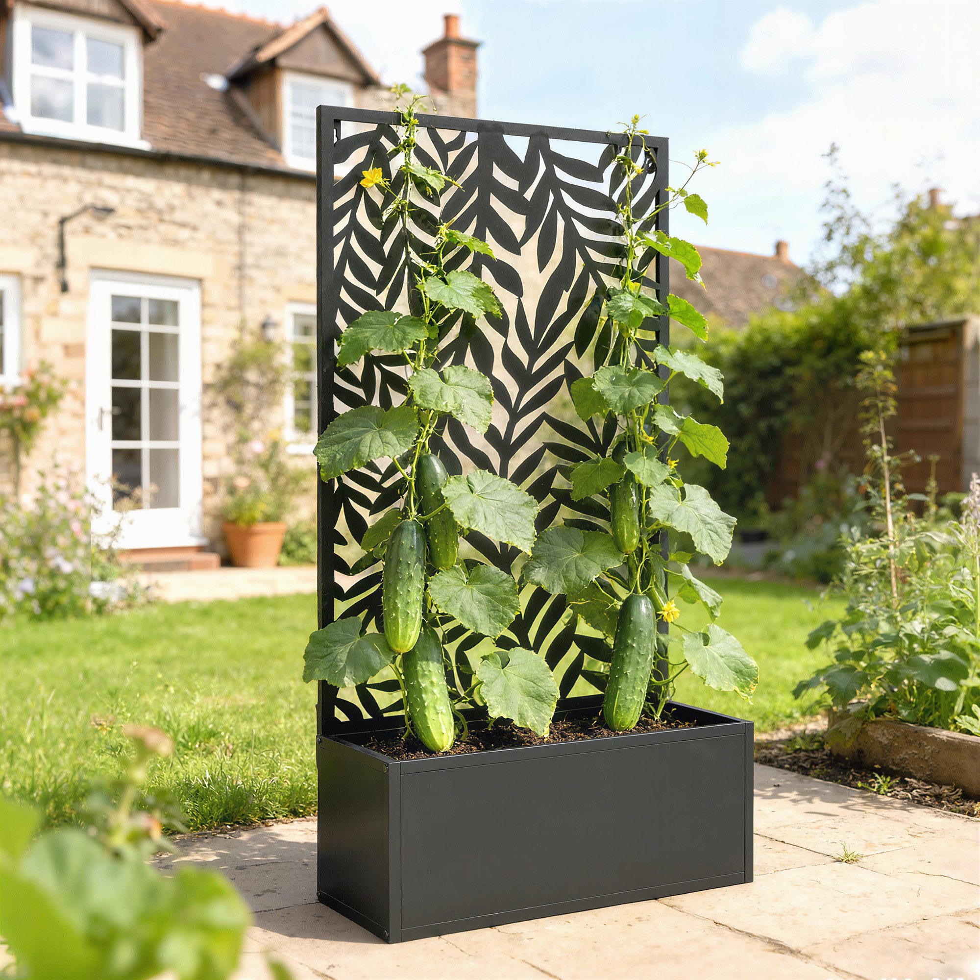 Outsunny Hochbeet mit Rankgitter, tropischen Blattmotiven (Pflanzkasten, 2 St., Blumenkasten), für Garten Balkon Terrasse Schwarz