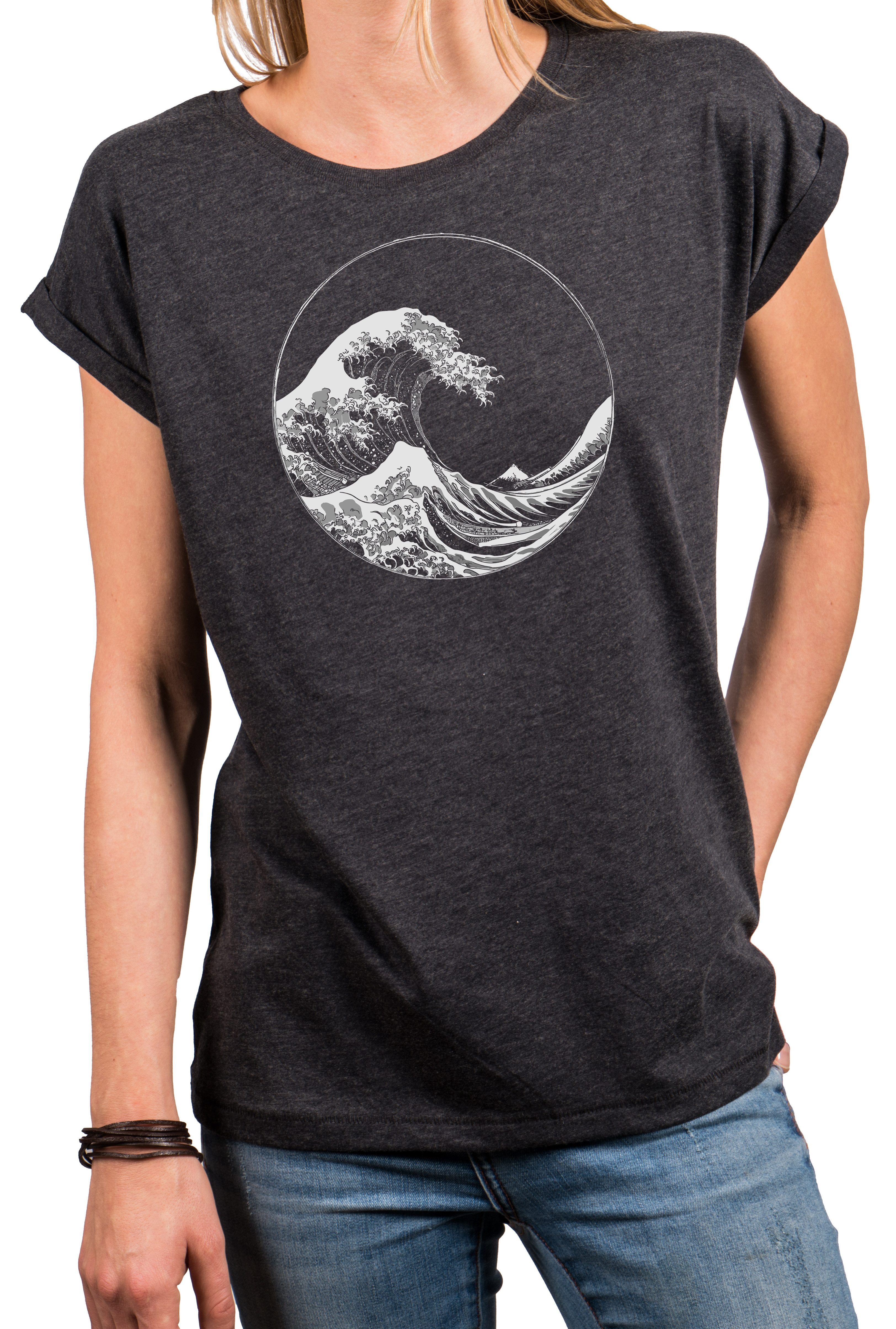 MAKAYA T-Shirt Maritimes Damen-Top mit Wellen-Motiv – Surf-Style für den Sommer (Schwarz, Blau, Dunkelgrau, Grün, 34, 36, 38, 40, 42, 44, 46, 48, 50) Baumwolle