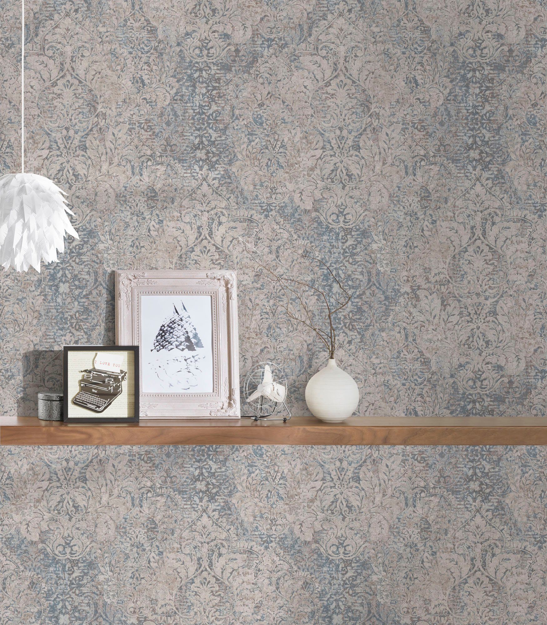 ornamental, walls Vintagetapete Barock Tapete Glitzermuster, Barock, Vliestapete strukturiert, Mata beige/blau Hari, living