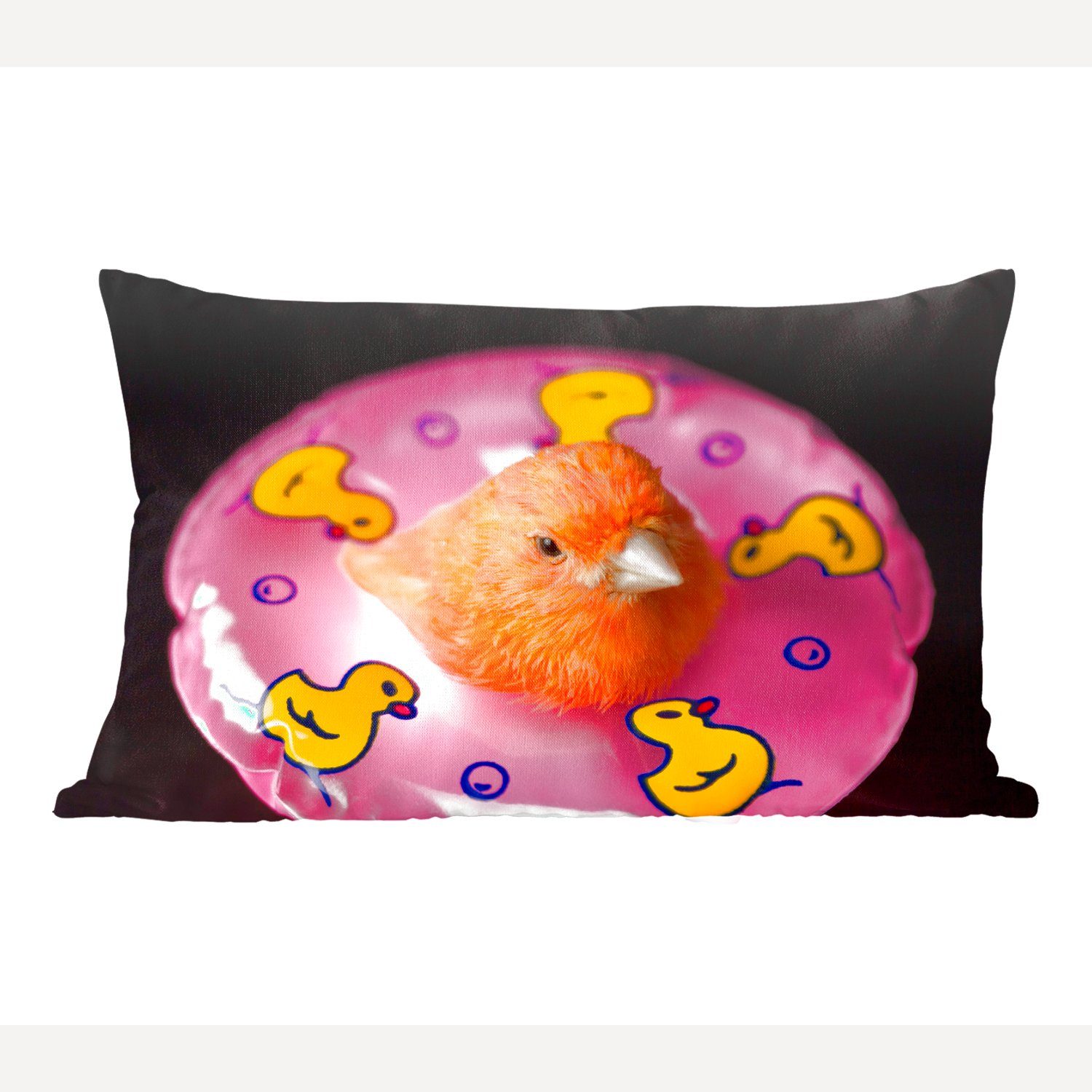 MuchoWow Dekokissen Oranger Kanarienvogel auf einem aufblasbaren Reifen, Wohzimmer Dekoration, Zierkissen, Dekokissen mit Füllung, Schlafzimmer