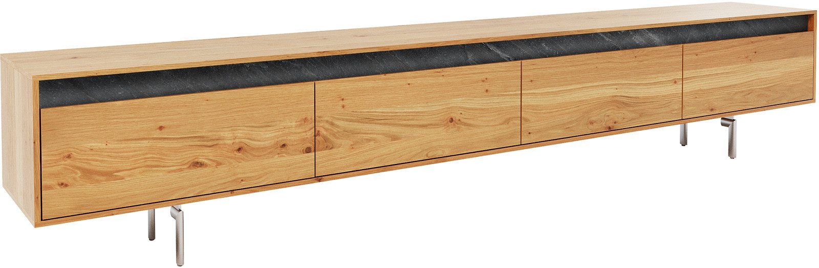 DELIFE Lowboard Stonegrace, Eiche Natur 240 cm 4 Türen Fuß Oval Edelstahl Lowboard