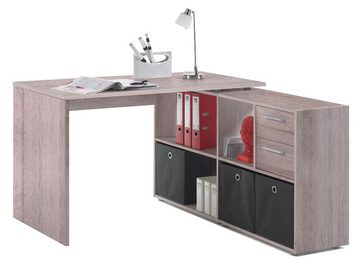 möbelando Eckschreibtisch Yihabo I, Eckschreibtisch in 4 verschiedenen Varianten montierbar Sideboard mit 2 Schubkästen (Schubkästen variabel montierbar) und 4 offenen Fächern. Breite 121 cm, Höhe 76 cm, Tiefe 136,5 cm. Sitzbreite 85 cm