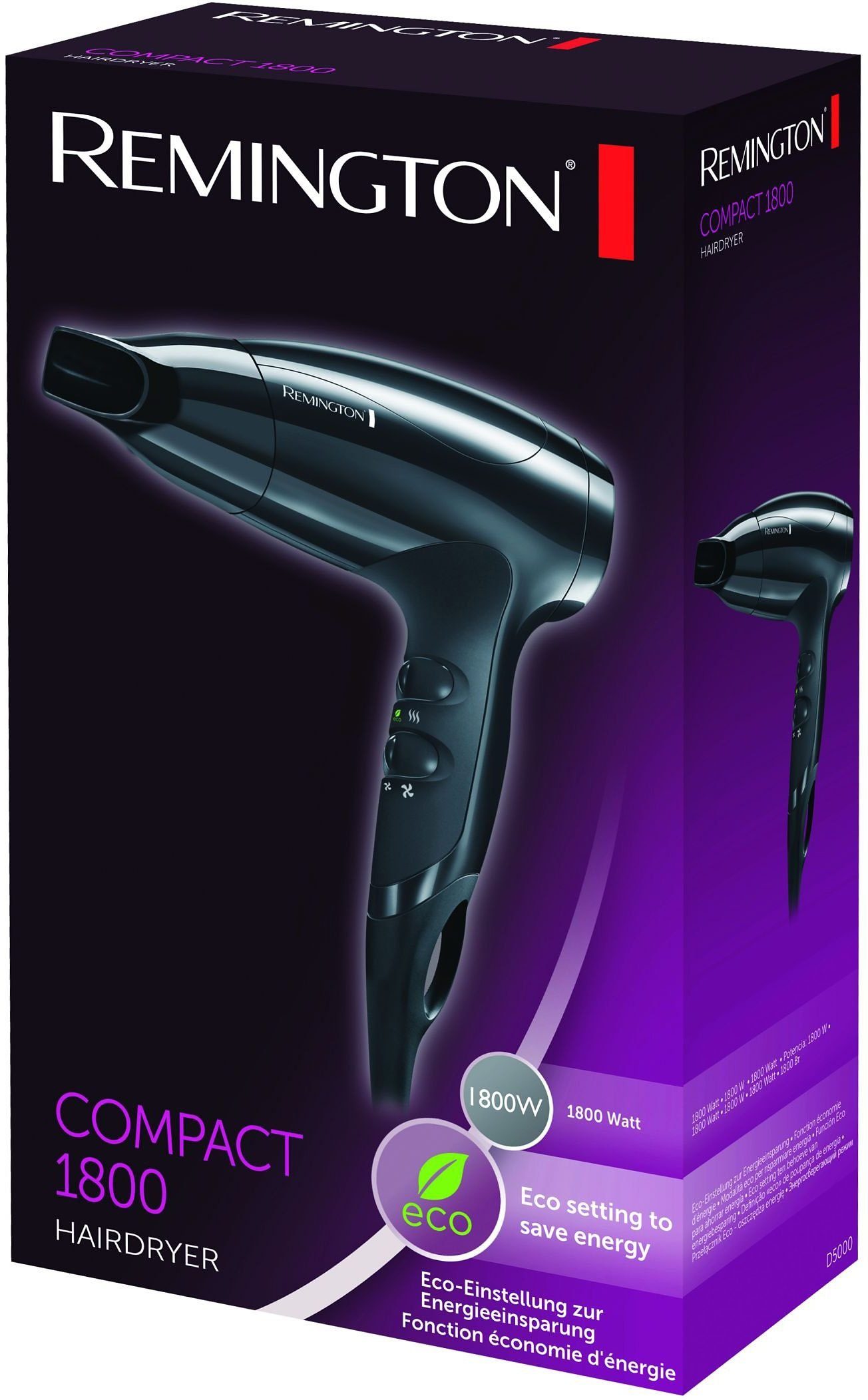 Remington Haartrockner D5000, 1800 W, Kompakt, Energie sparen [extrem klein], praktische Größe für unterwegs schwarz