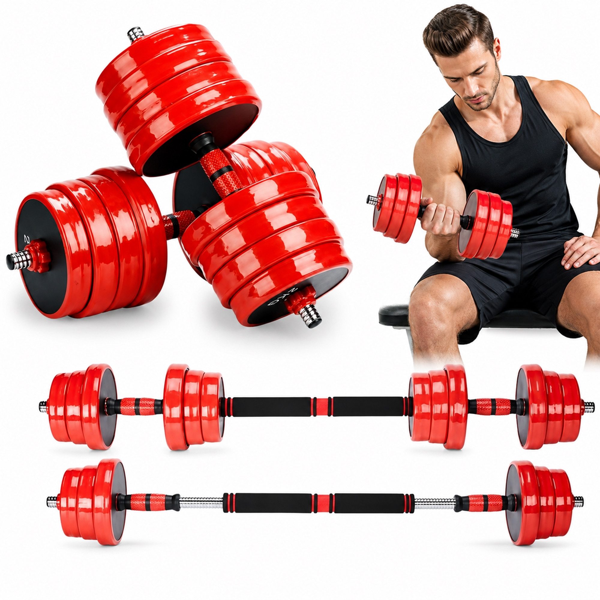 Mucola Kurzhantel Kurzhantel Langhantel 4in1 Set Hantelset verstellbar Gewichte, (Set, Premium-Hantelset, Premium-Trainingsset), Geräuscharm und Bodenschonend