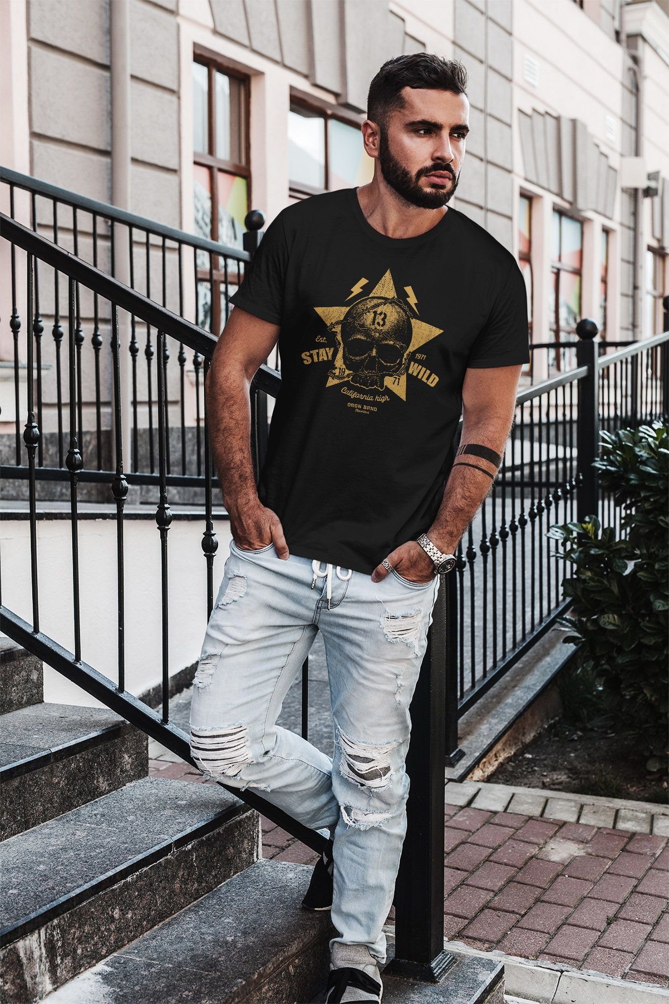 Stay Neverless® Totenkopf Printshirt Fit Herren mit schwarz Skull Print-Shirt Slim Print Motiv T-Shirt Neverless Wild