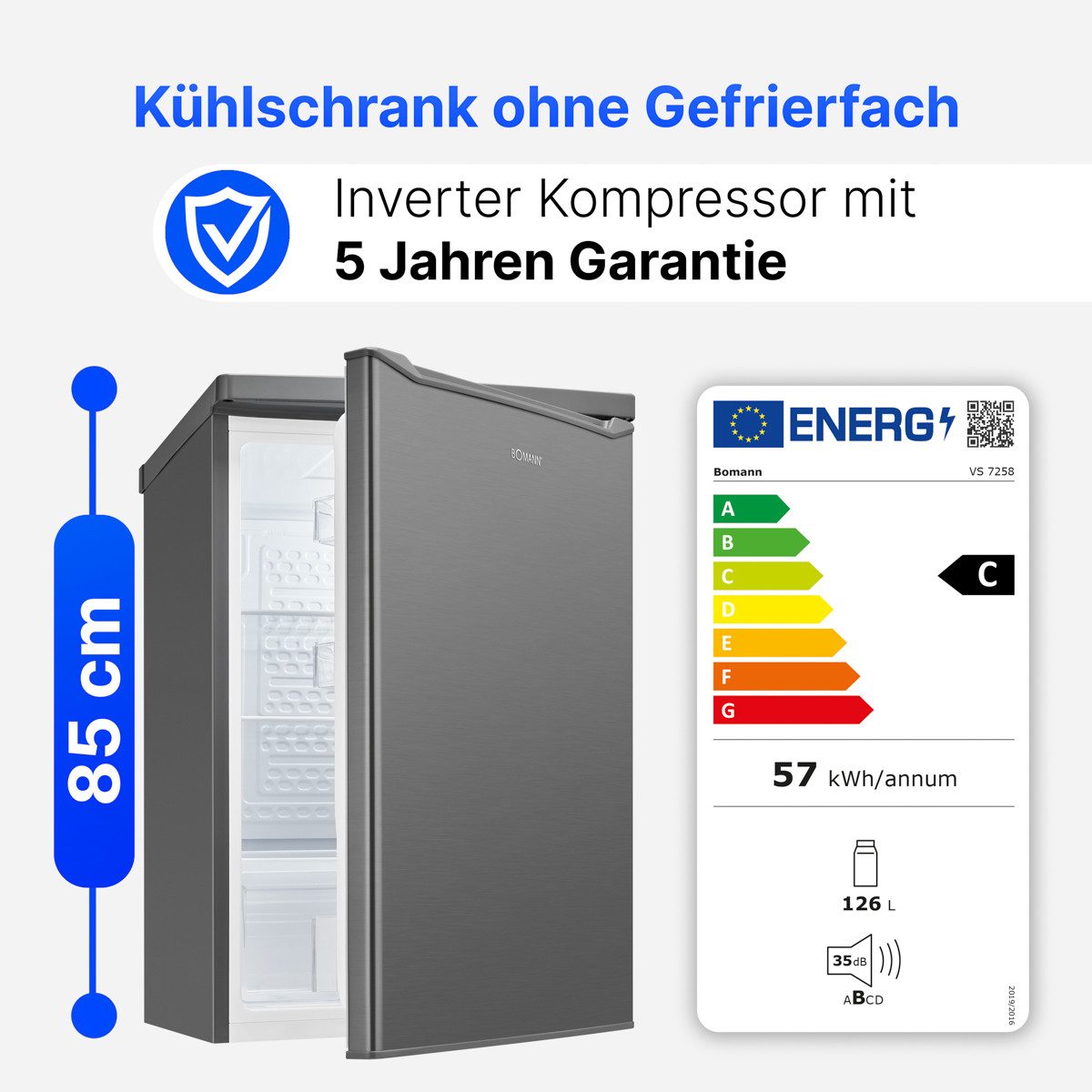 BOMANN Vollraumkühlschrank VS 7258, 85 cm hoch, 55 cm breit, Kühlschrank ohne Gefrierfach, Energieklasse C